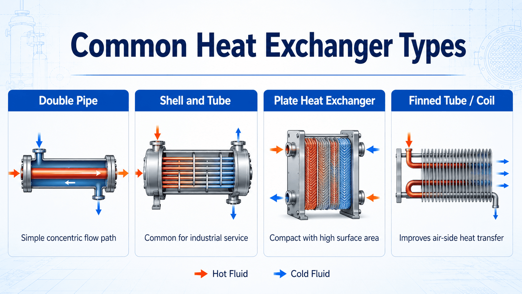 Infographic comparing double pipe, shell and tube, plate heat exchanger, and finned tube heat exchanger types