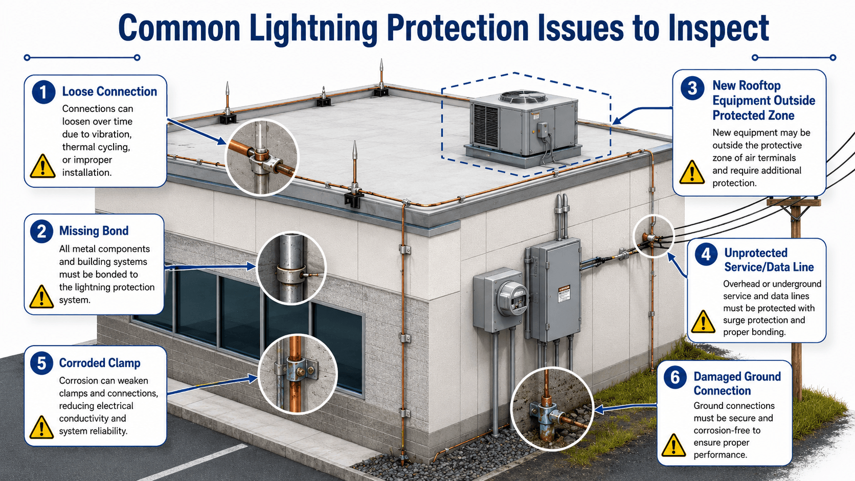 Lightning protection inspection infographic showing loose connections, missing bonds, corroded clamps, unprotected service lines, and damaged ground connections.