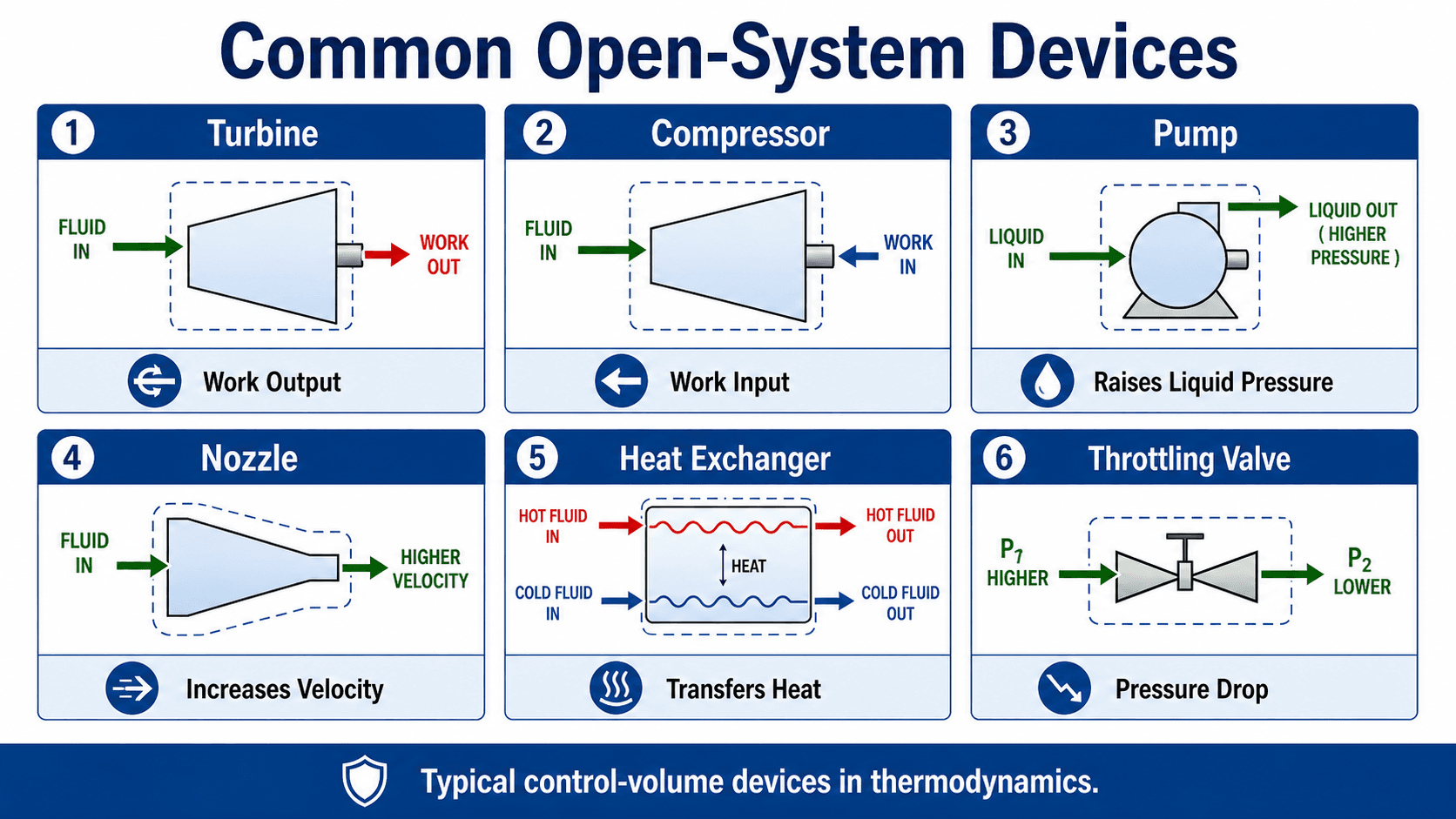 Infographic showing common open system devices including turbines, compressors, pumps, nozzles, heat exchangers, and throttling valves