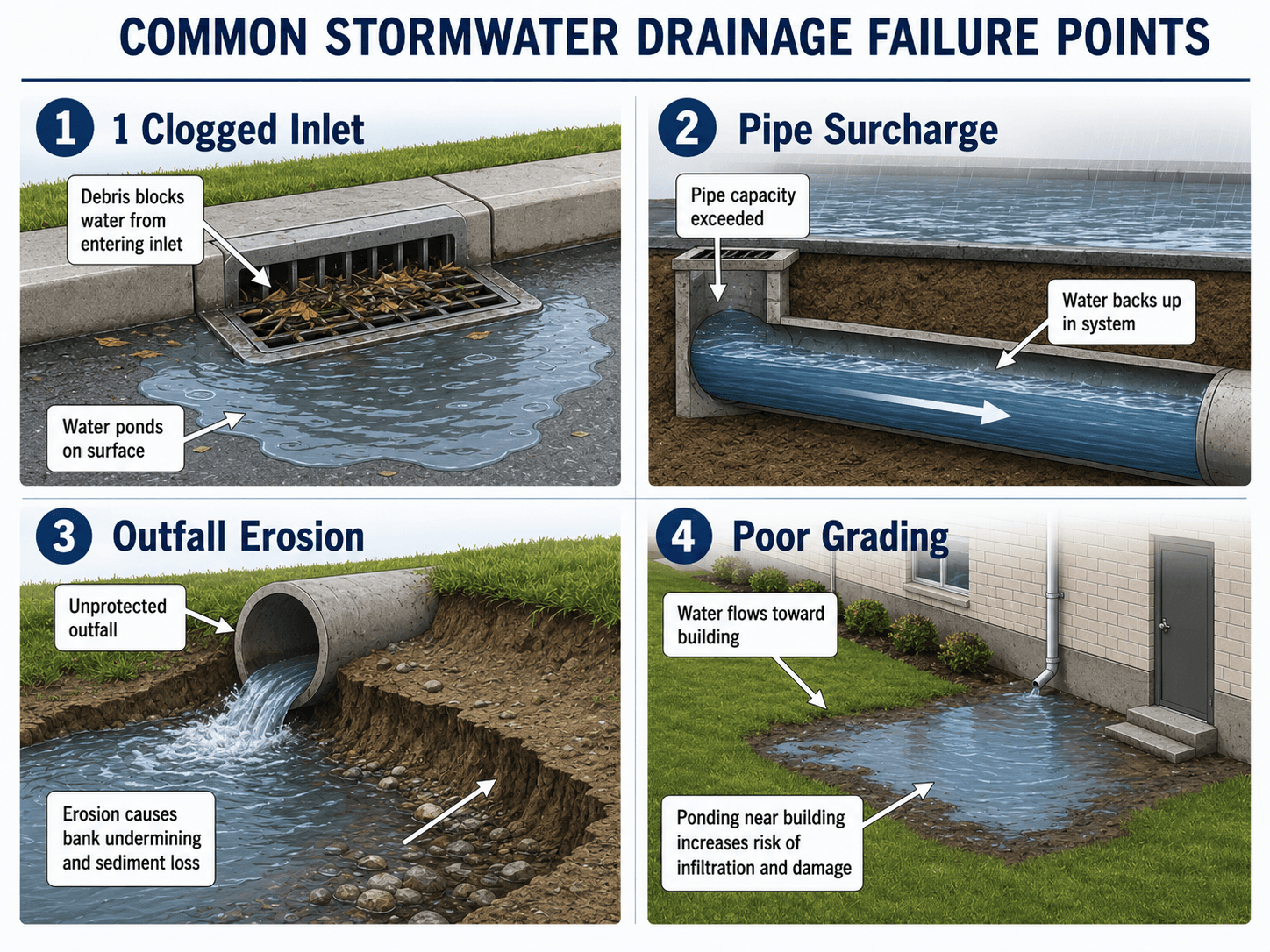 Common stormwater drainage design failure points including clogged inlet, pipe surcharge, outfall erosion, and poor grading