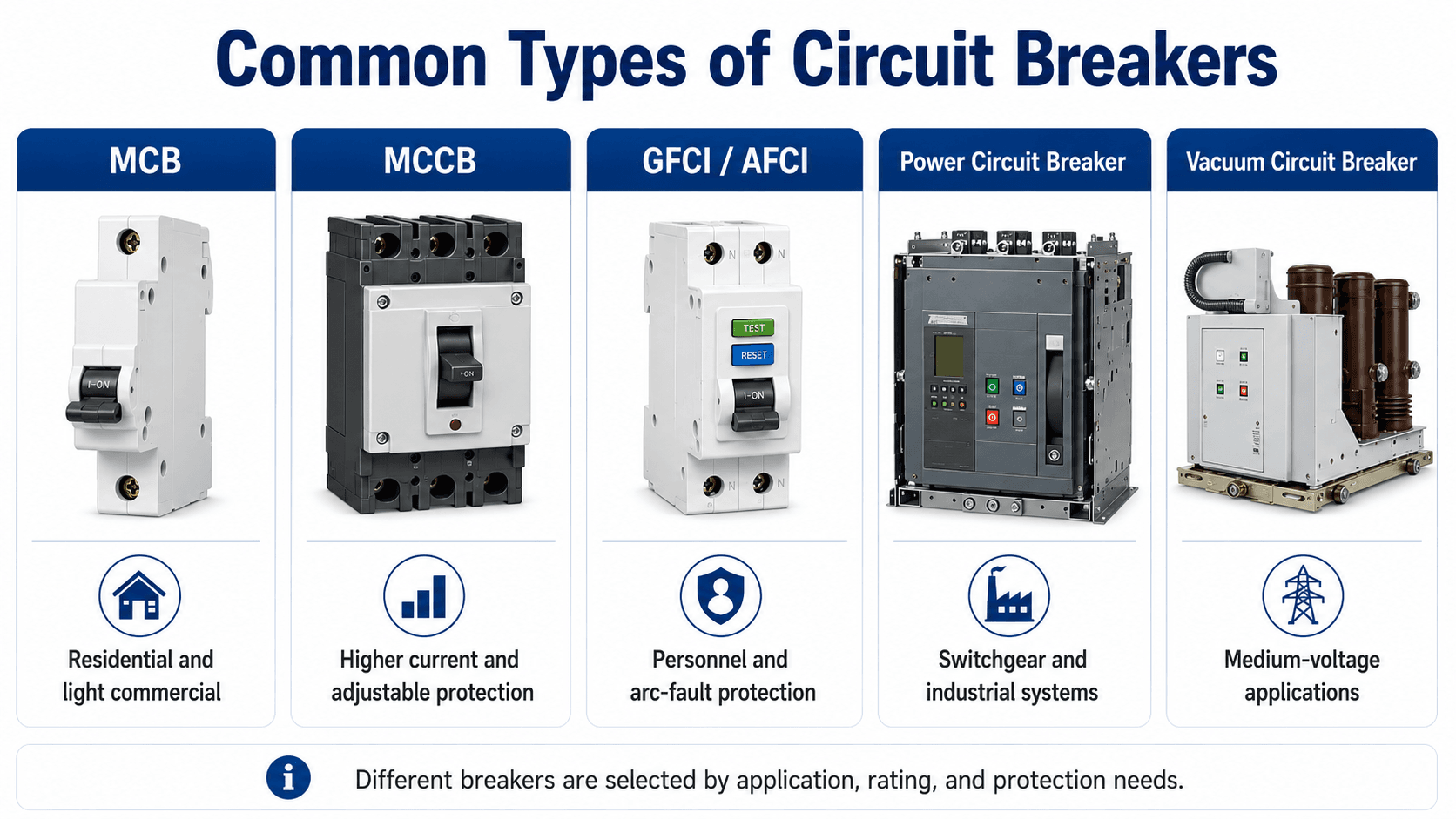 Infographic comparing common circuit breaker types including MCB, MCCB, GFCI AFCI, power circuit breaker, and vacuum circuit breaker