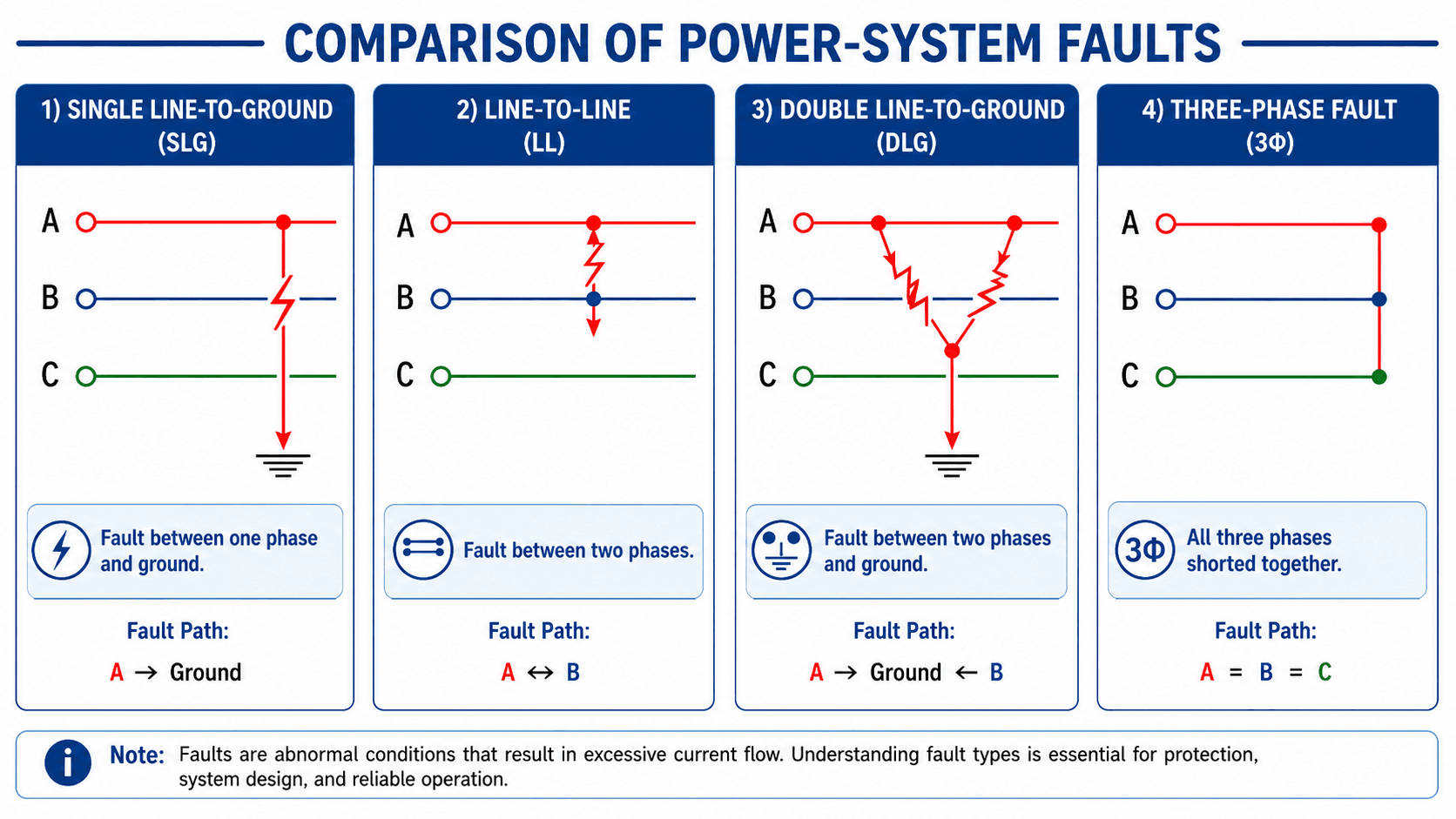 Comparison diagram showing single line-to-ground, line-to-line, double line-to-ground, and three-phase faults for power system fault analysis