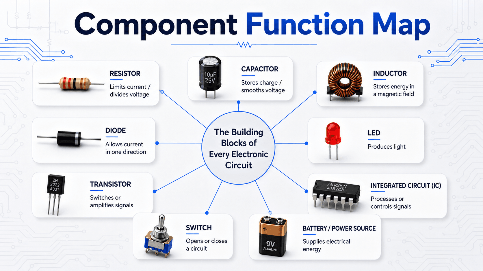 Basic electronic components function map showing resistors, capacitors, inductors, diodes, LEDs, transistors, integrated circuits, switches, and batteries with their circuit roles