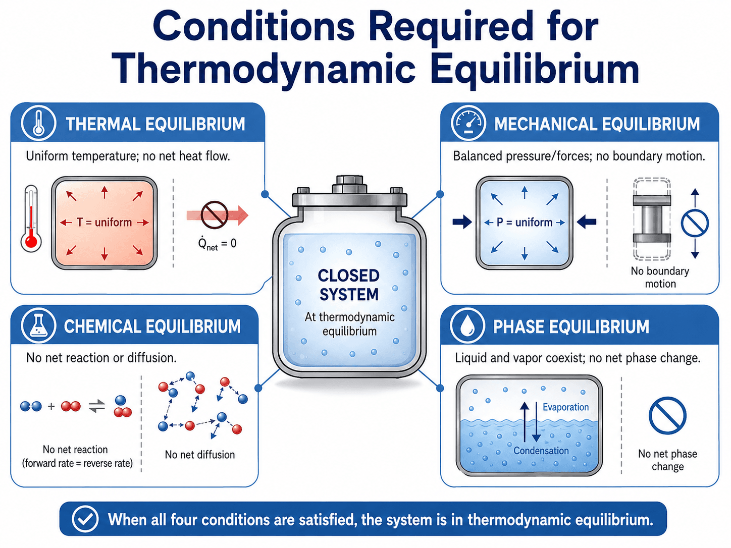 Infographic showing the thermal, mechanical, chemical, and phase conditions required for thermodynamic equilibrium