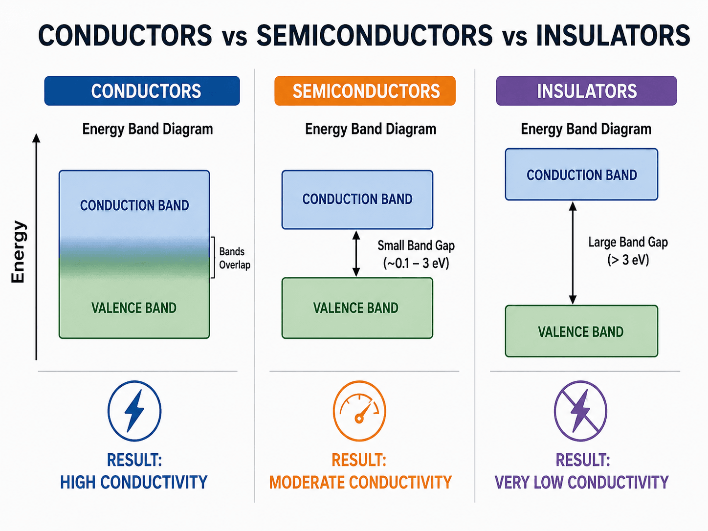 Energy band diagram comparing conductors, semiconductors, and insulators for electrical properties