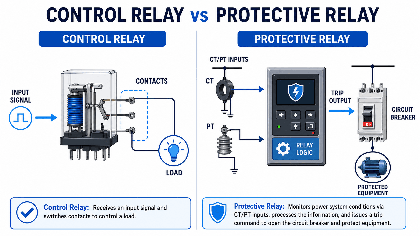 Comparison diagram showing a control relay switching a load and a protective relay using CT and PT inputs to trip a circuit breaker