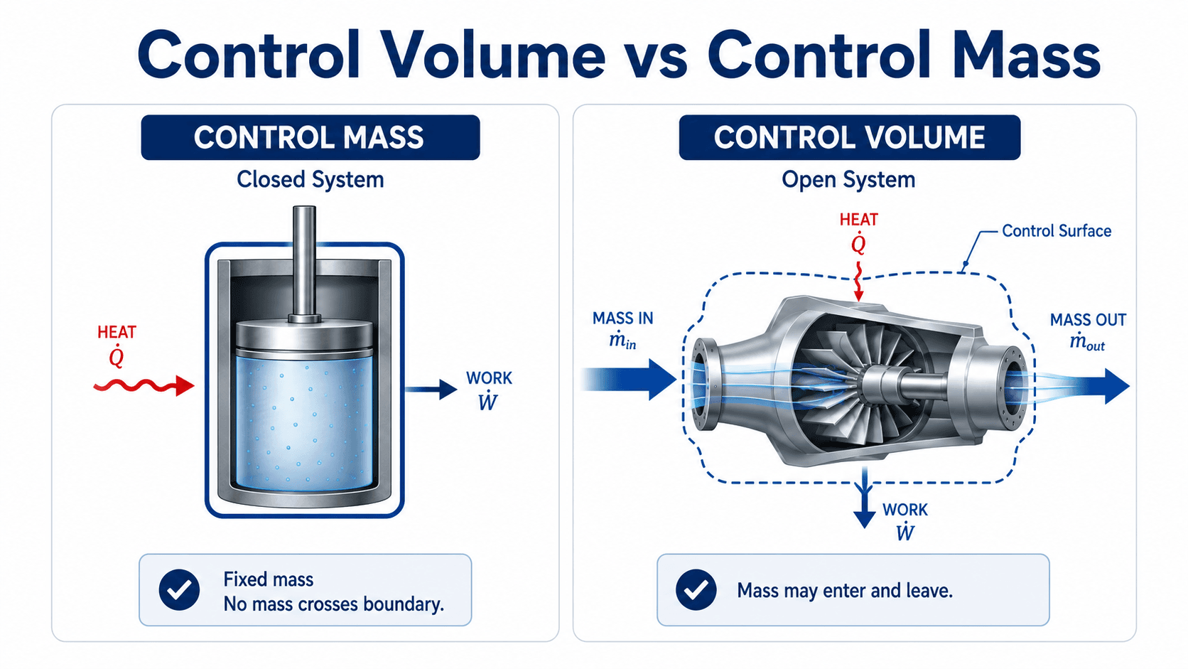 Diagram comparing a control mass closed system with a control volume open system where mass crosses the control surface.