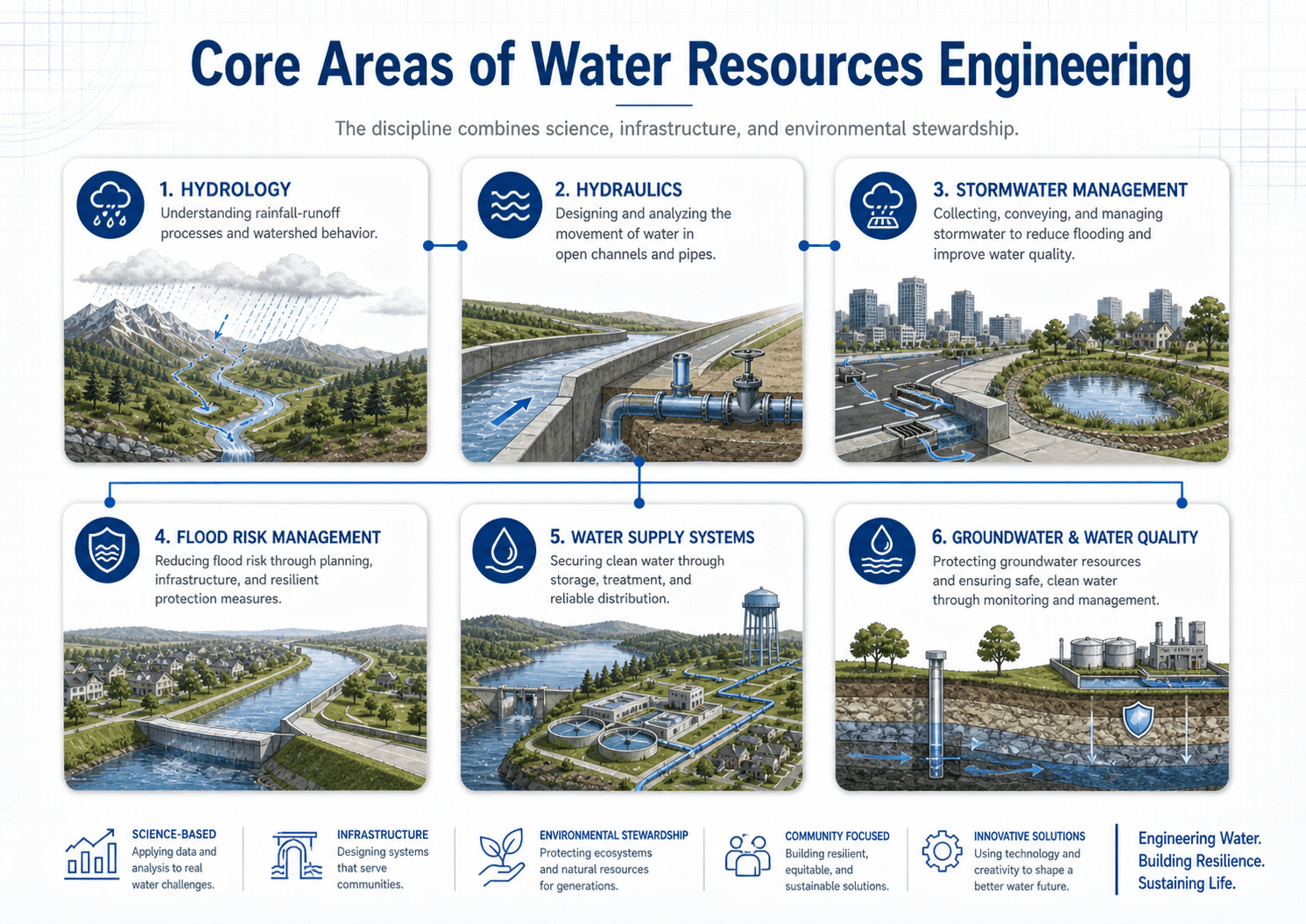 Diagram showing the core areas of water resources engineering including hydrology, hydraulics, stormwater management, flood risk management, water supply systems, groundwater, and water quality.