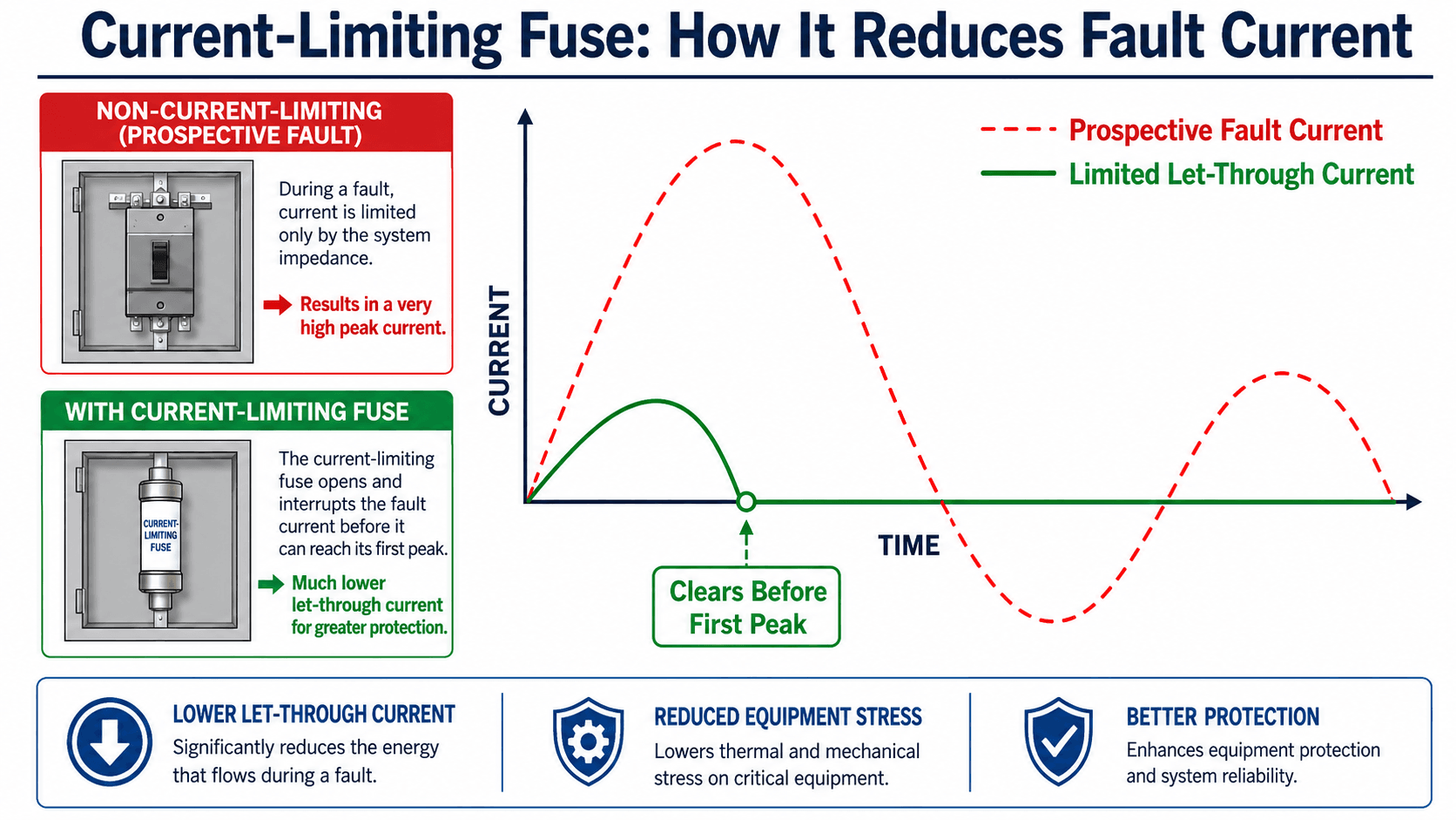 Current-limiting fuse diagram comparing prospective fault current with reduced let-through current before the first peak