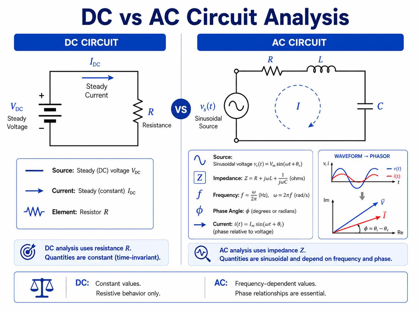 DC versus AC circuit analysis comparison showing steady DC resistance and AC impedance with waveform and phasor relationships
