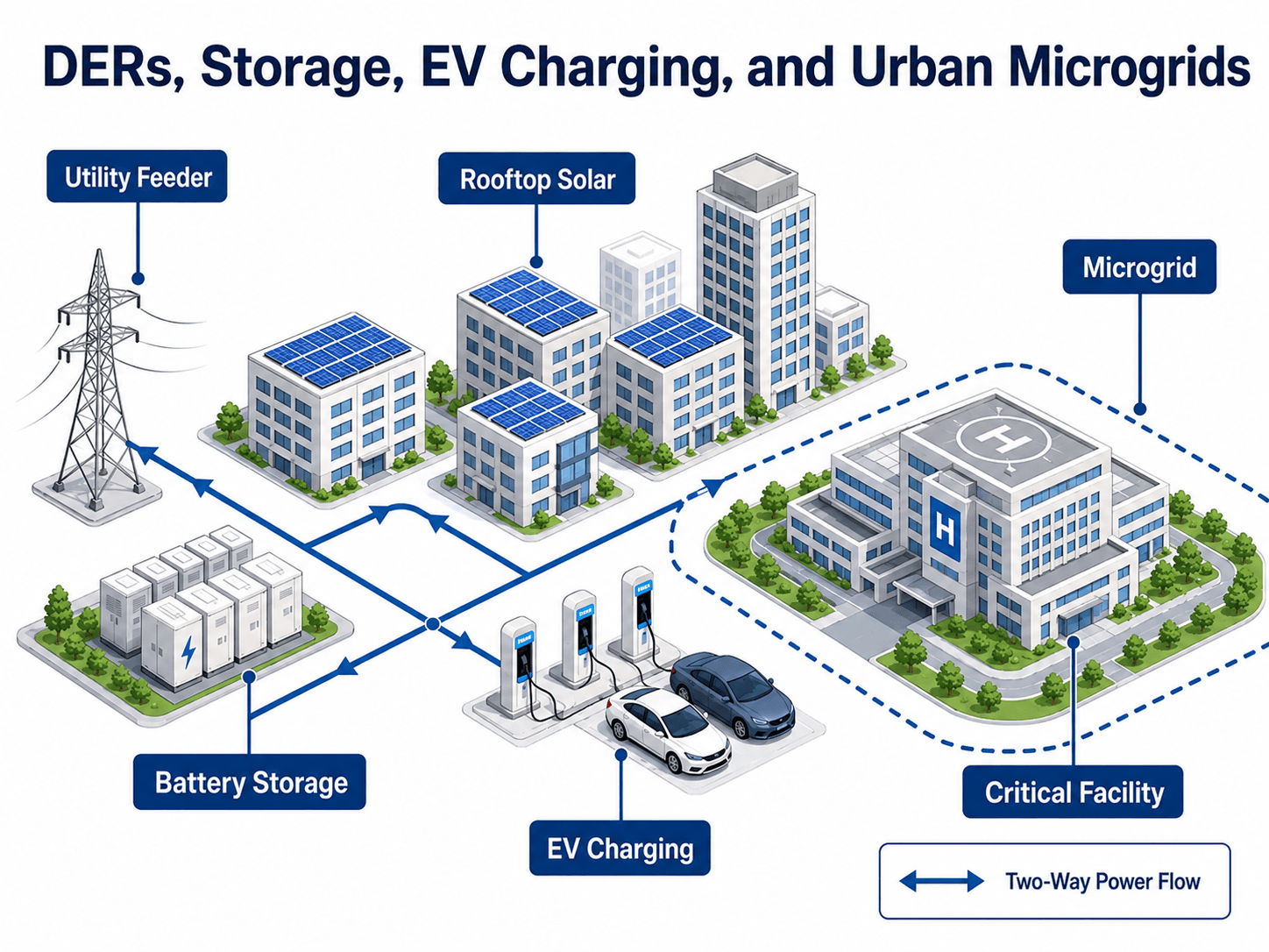 Urban power system diagram showing rooftop solar, battery storage, EV charging, a utility feeder, a critical facility microgrid, and two-way power flow