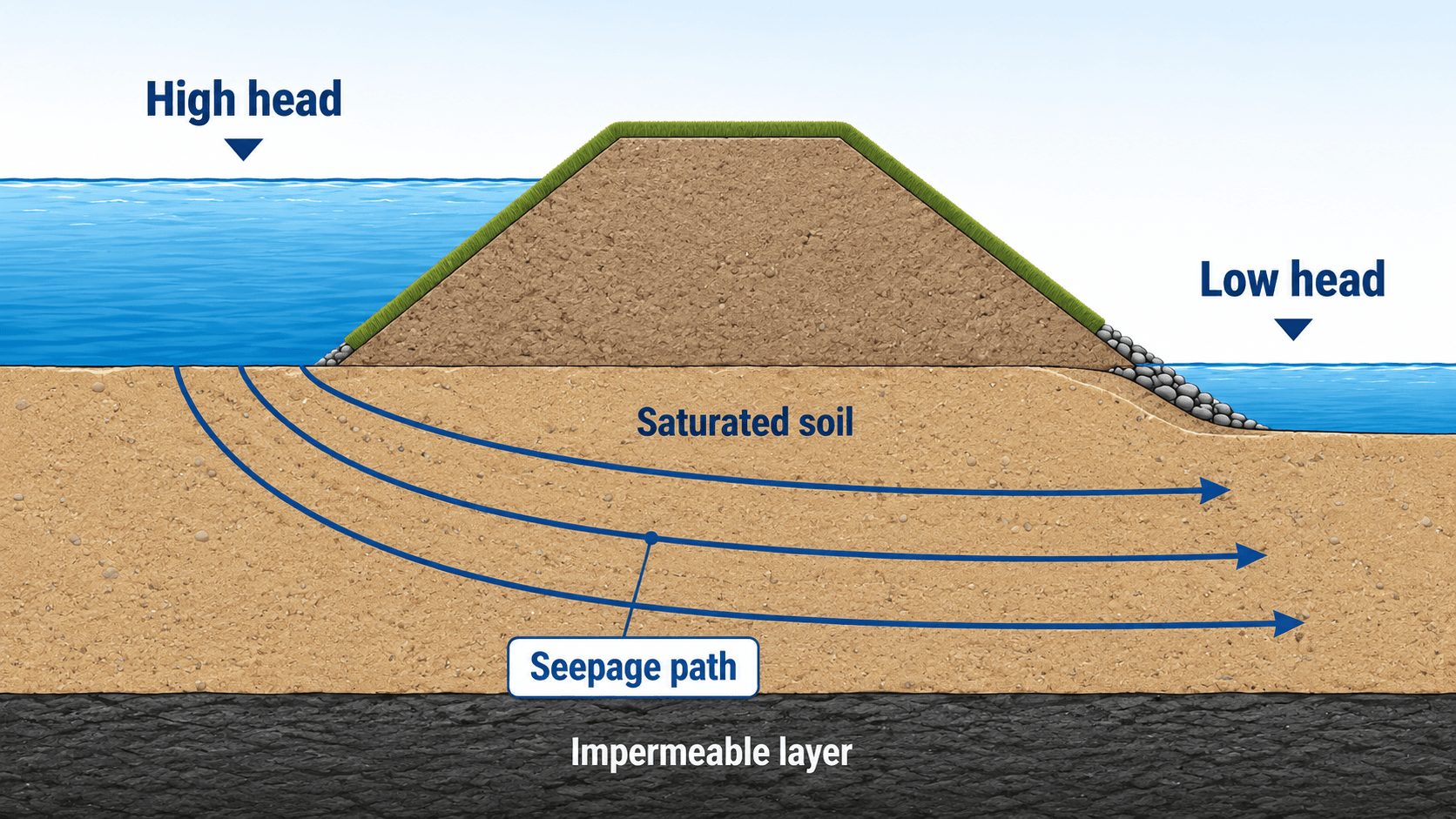 Darcy's Law overview diagram showing seepage flow through saturated soil between high head and low head conditions
