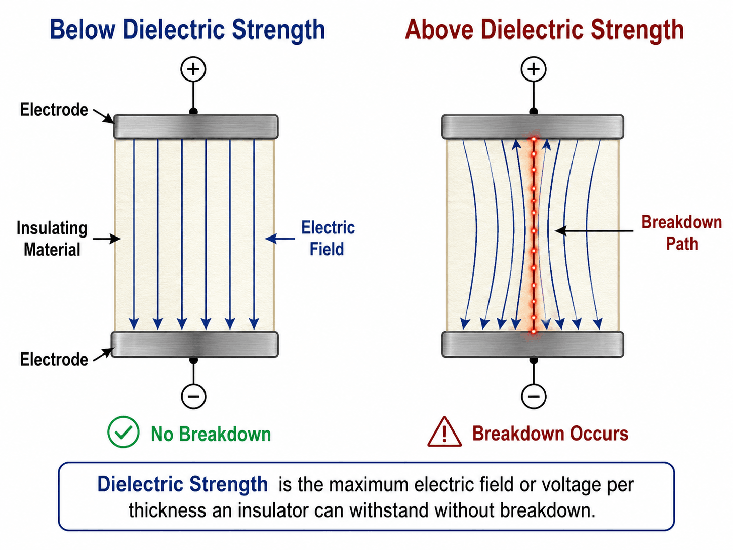 Diagram showing dielectric strength and electrical breakdown through insulating material between electrodes
