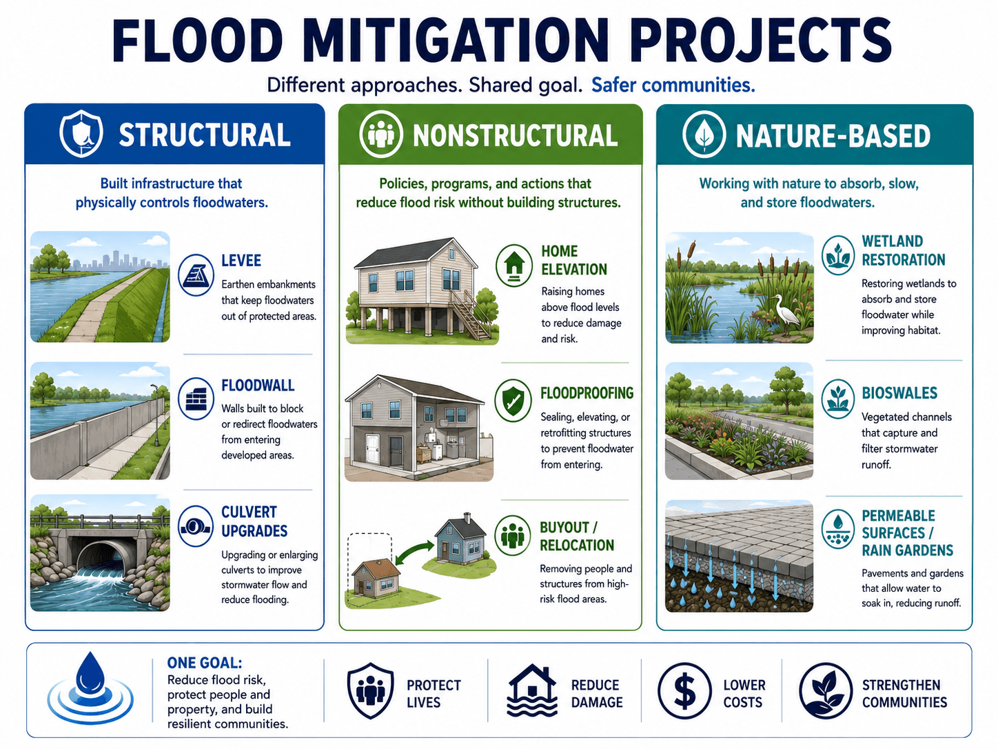 Infographic comparing structural, nonstructural, and nature-based flood mitigation projects including levees, floodwalls, home elevation, buyouts, wetlands, bioswales, and permeable surfaces.