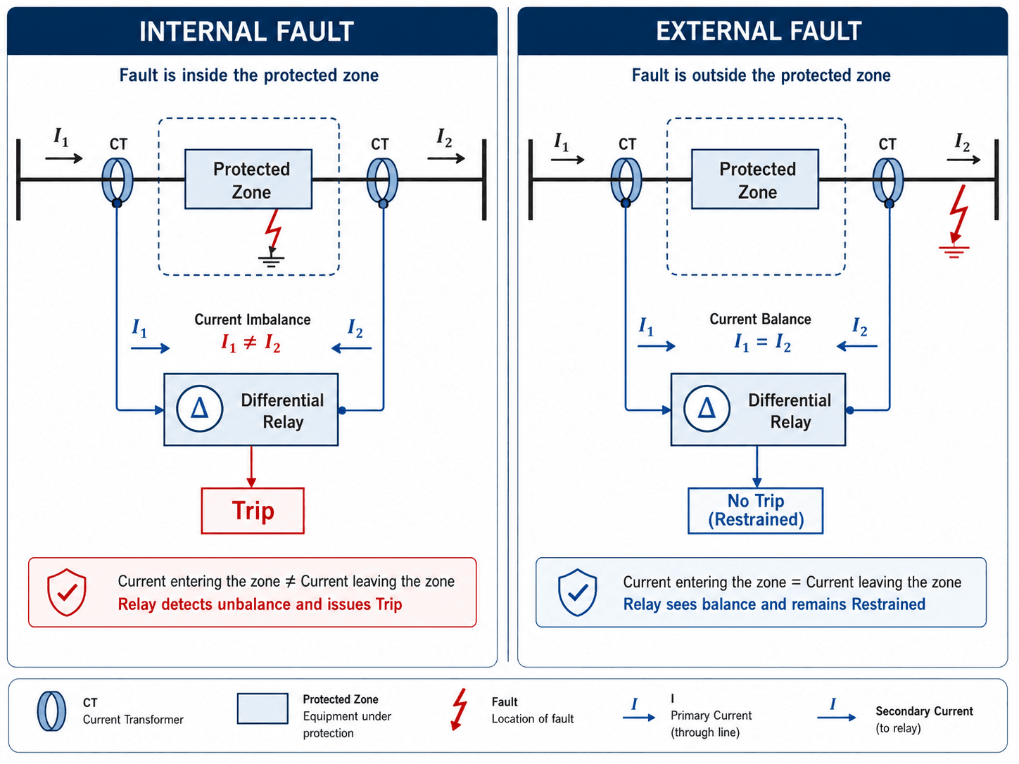Internal versus external fault diagram for differential protection showing trip for internal faults and restraint for external faults