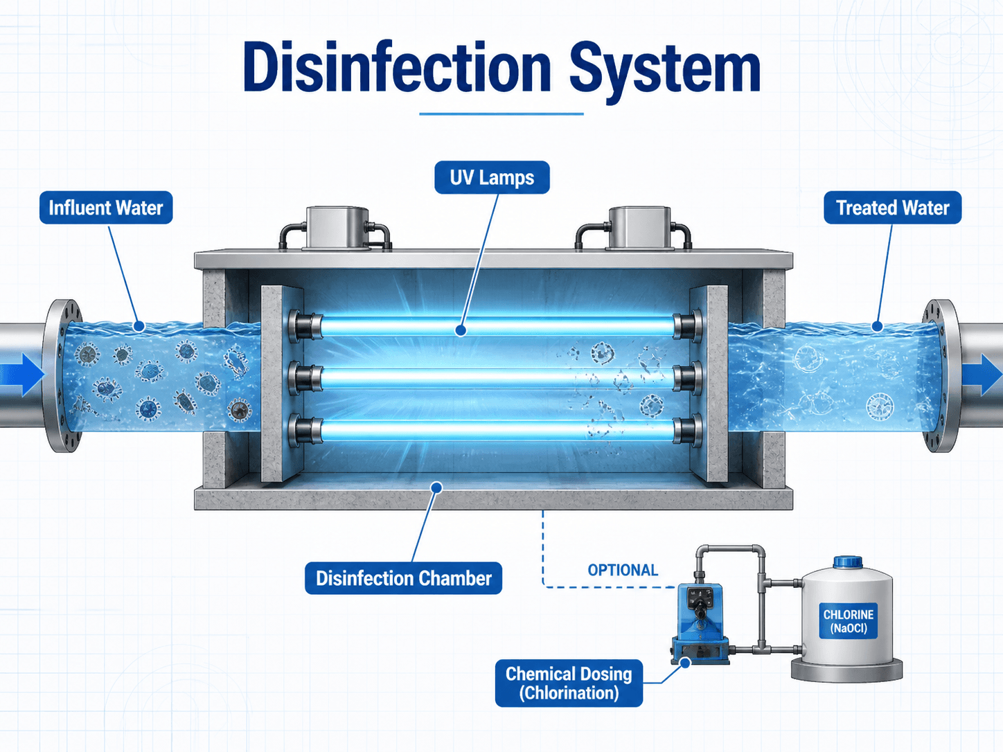 Disinfection system diagram showing influent water, UV lamps, disinfection chamber, optional chlorination chemical dosing, and treated water
