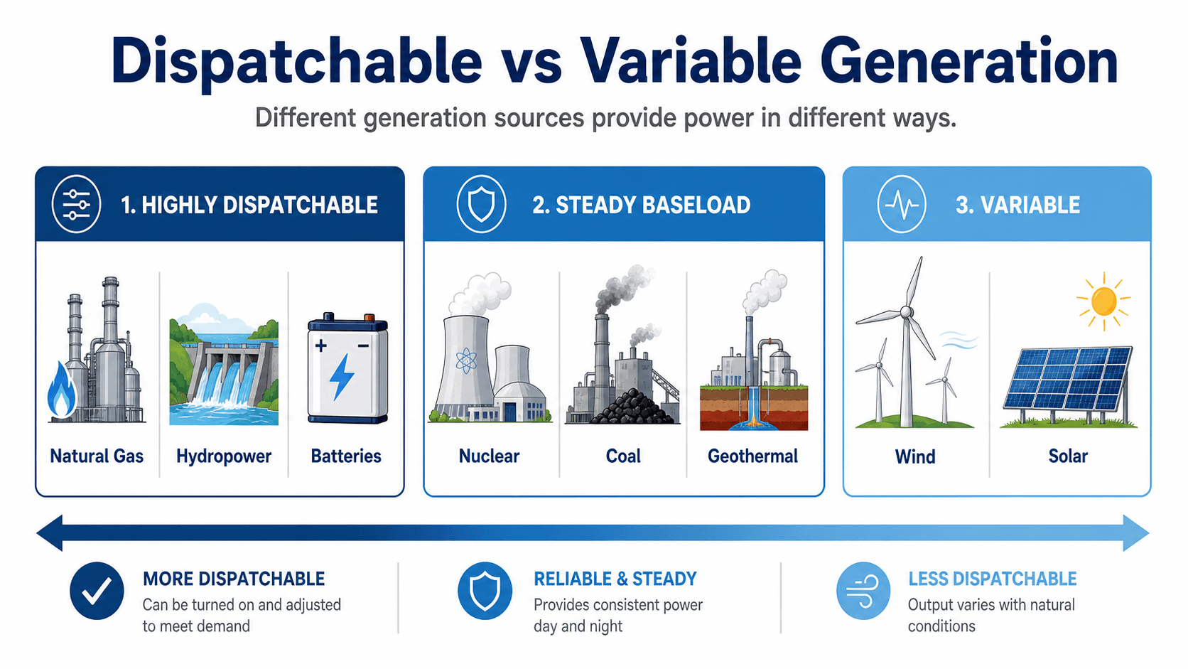 Dispatchable versus variable power generation chart comparing natural gas, hydropower, batteries, nuclear, coal, geothermal, wind, and solar.
