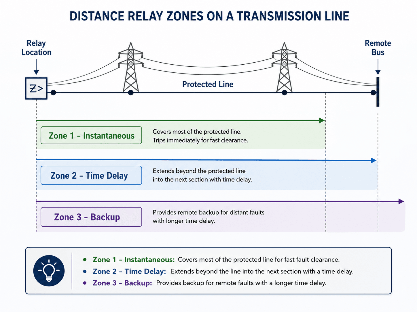 Distance relay zone diagram showing Zone 1 instantaneous reach, Zone 2 time delay reach, and Zone 3 backup reach on a transmission line
