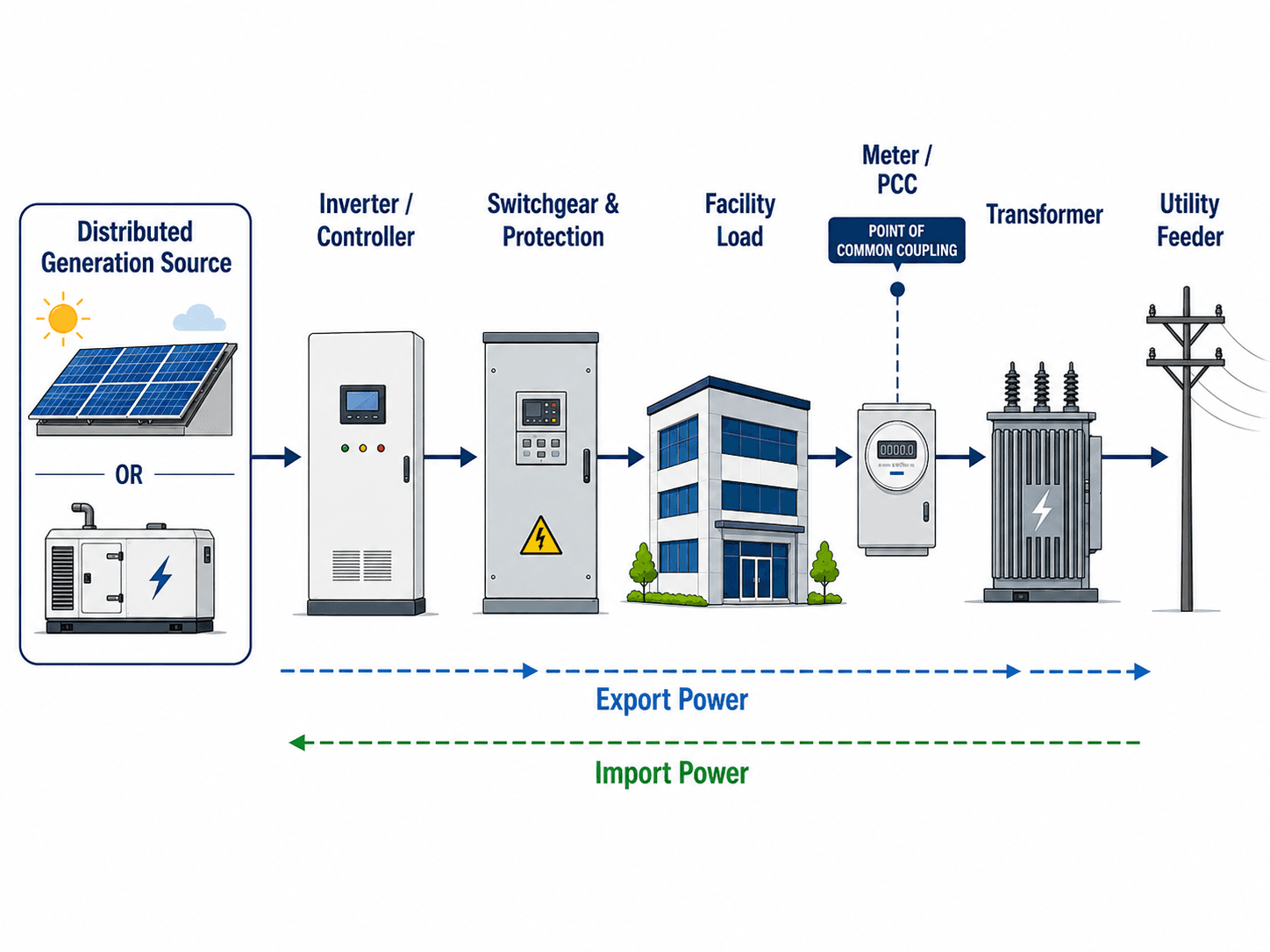 Distributed generation system diagram showing a local generation source, inverter, switchgear, facility load, meter point of common coupling, transformer, and utility feeder