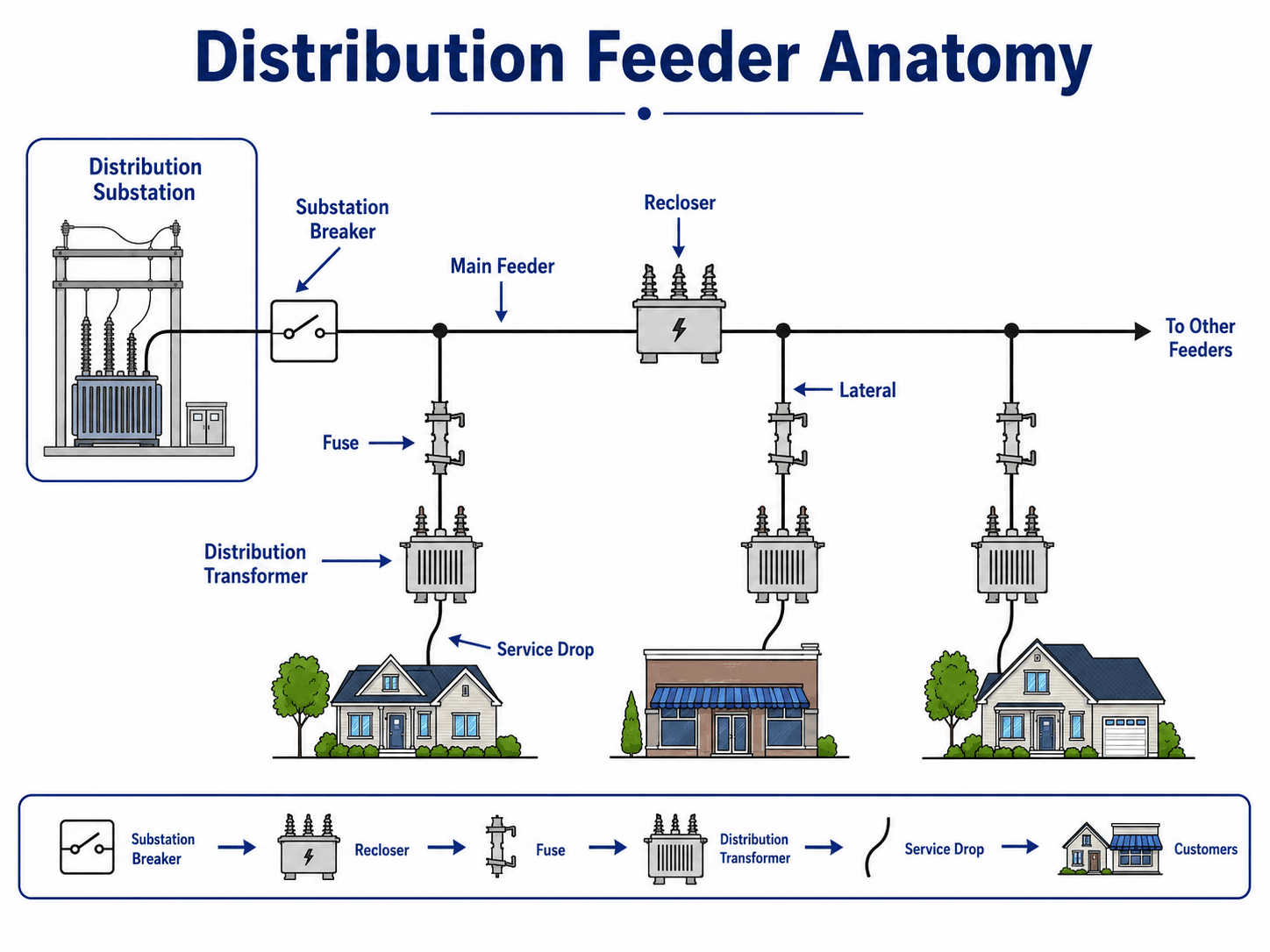 Distribution feeder anatomy diagram showing a substation breaker, main feeder, recloser, lateral, fuse, distribution transformer, service drop, and customers