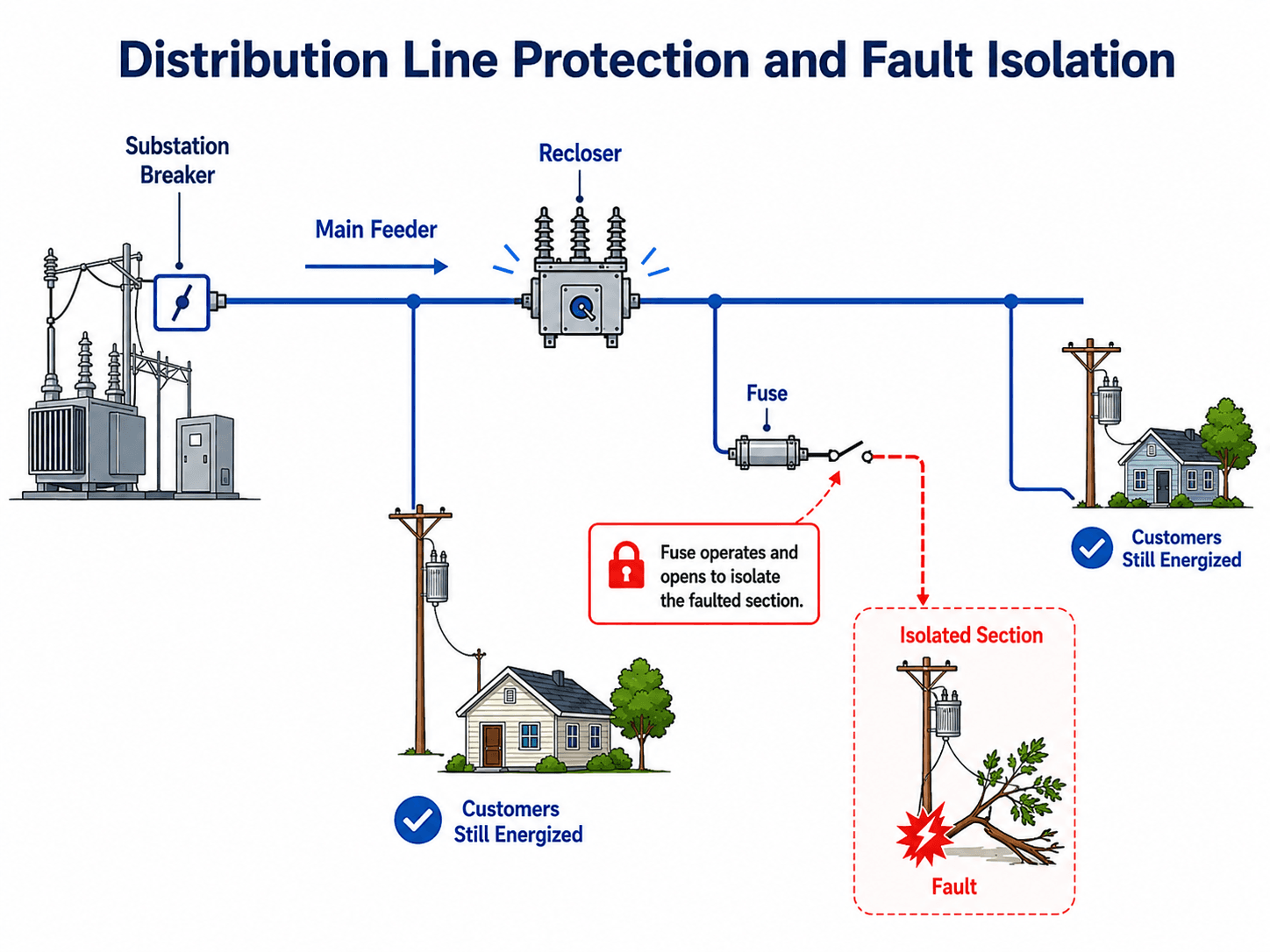 Distribution line protection diagram showing a substation breaker, recloser, fuse, faulted lateral, isolated section, and customers still energized