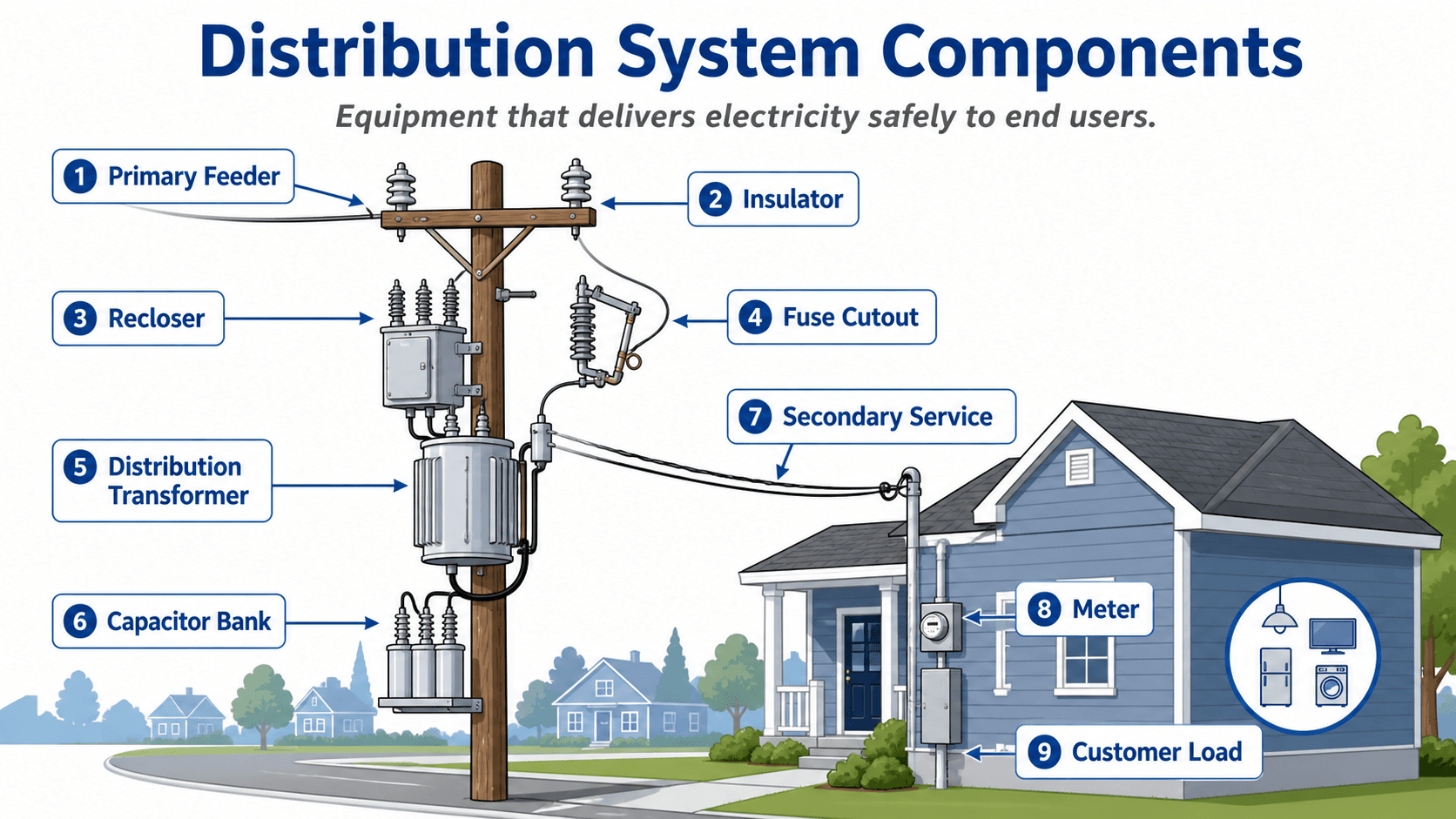 Distribution system components diagram labeling primary feeder, insulators, recloser, fuse cutout, distribution transformer, capacitor bank, secondary service, meter, and customer load