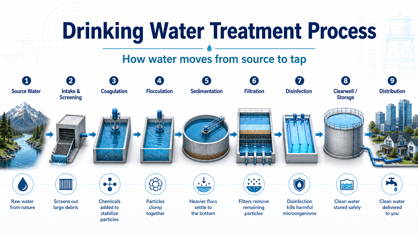 Drinking water treatment process diagram showing source water, intake and screening, coagulation, flocculation, sedimentation, filtration, disinfection, storage, and distribution