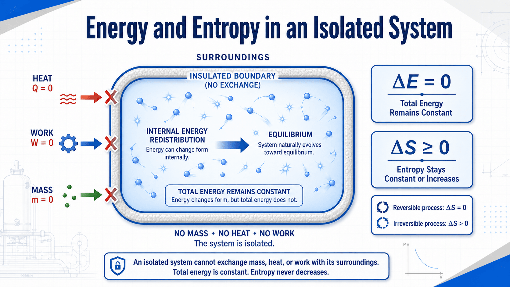 Energy and entropy diagram for an isolated system showing Q equals zero, W equals zero, no mass exchange, constant total energy, and entropy increasing or staying constant