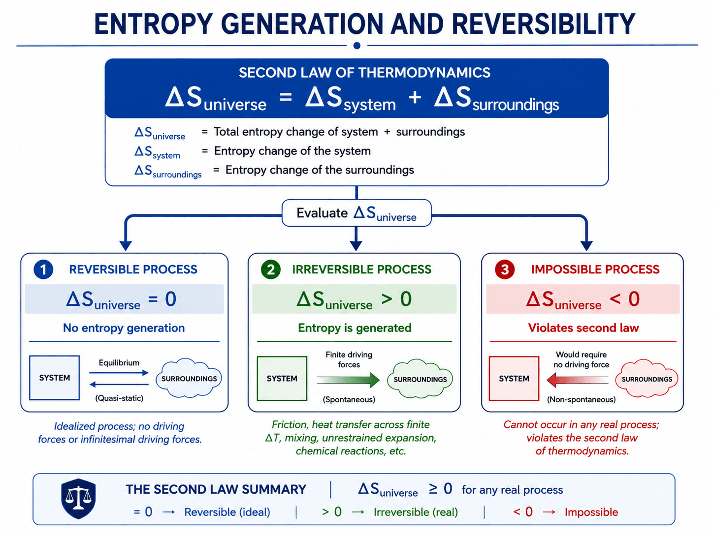 Entropy generation infographic showing reversible processes with zero total entropy change, irreversible processes with positive entropy generation, and impossible processes with negative total entropy change