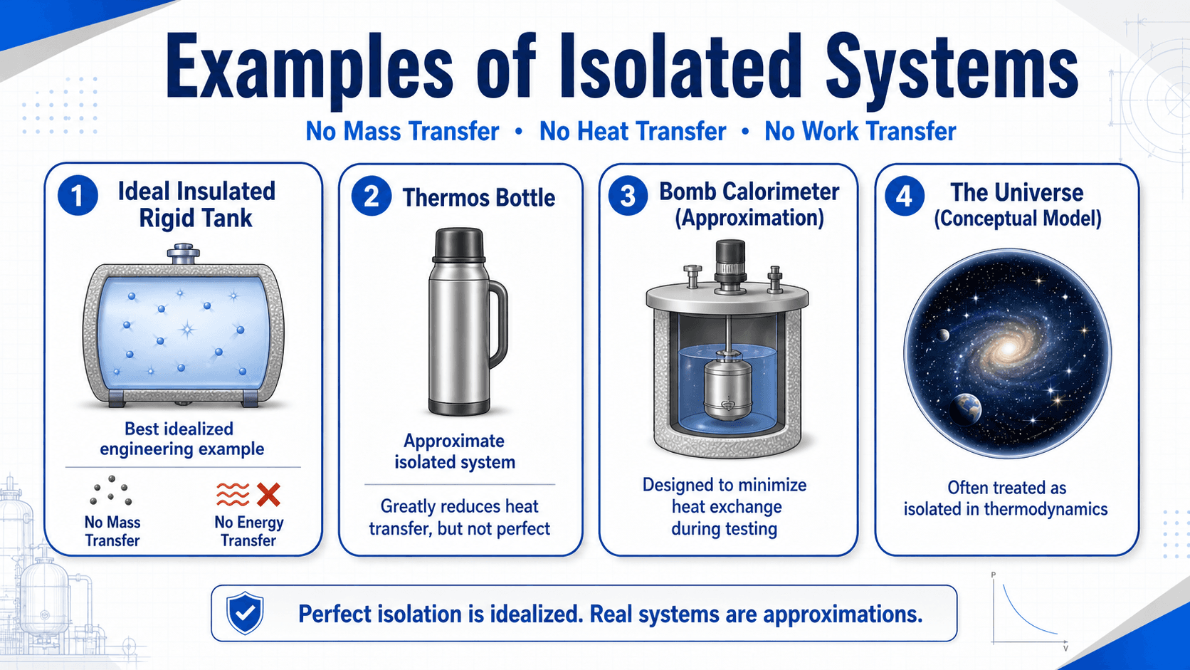 Examples of isolated systems including an ideal insulated rigid tank, thermos bottle, bomb calorimeter approximation, and universe conceptual model