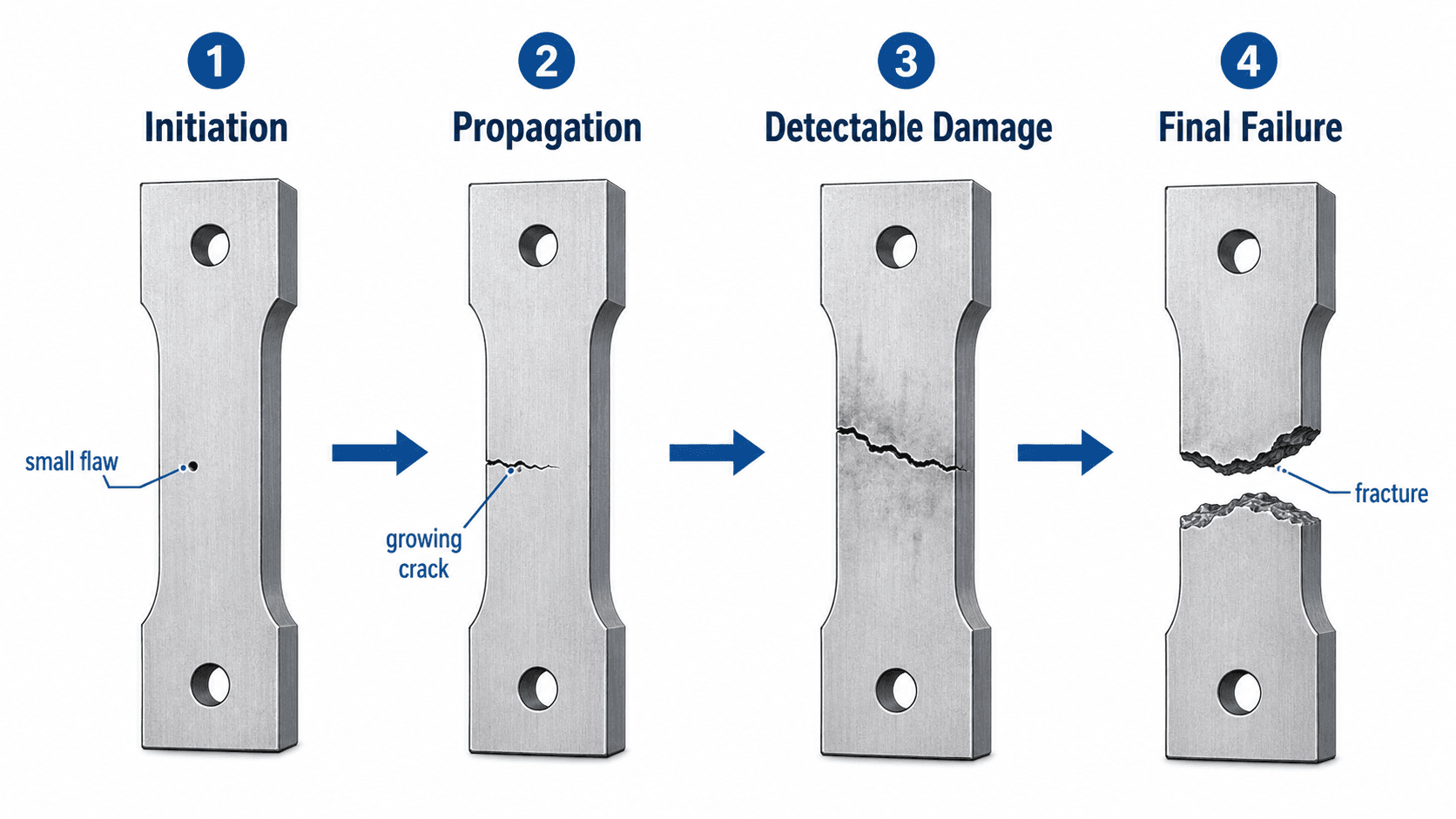 Failure mechanism diagram showing initiation, propagation, detectable damage, and final failure in a metal specimen