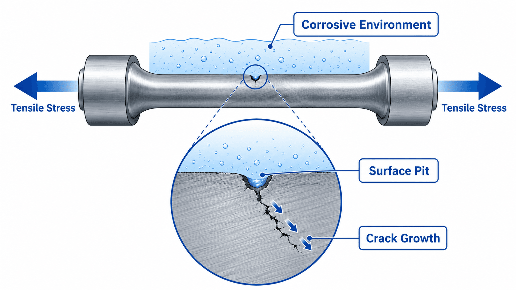 Stress corrosion cracking schematic showing tensile stress, corrosive environment, surface pit, and crack growth