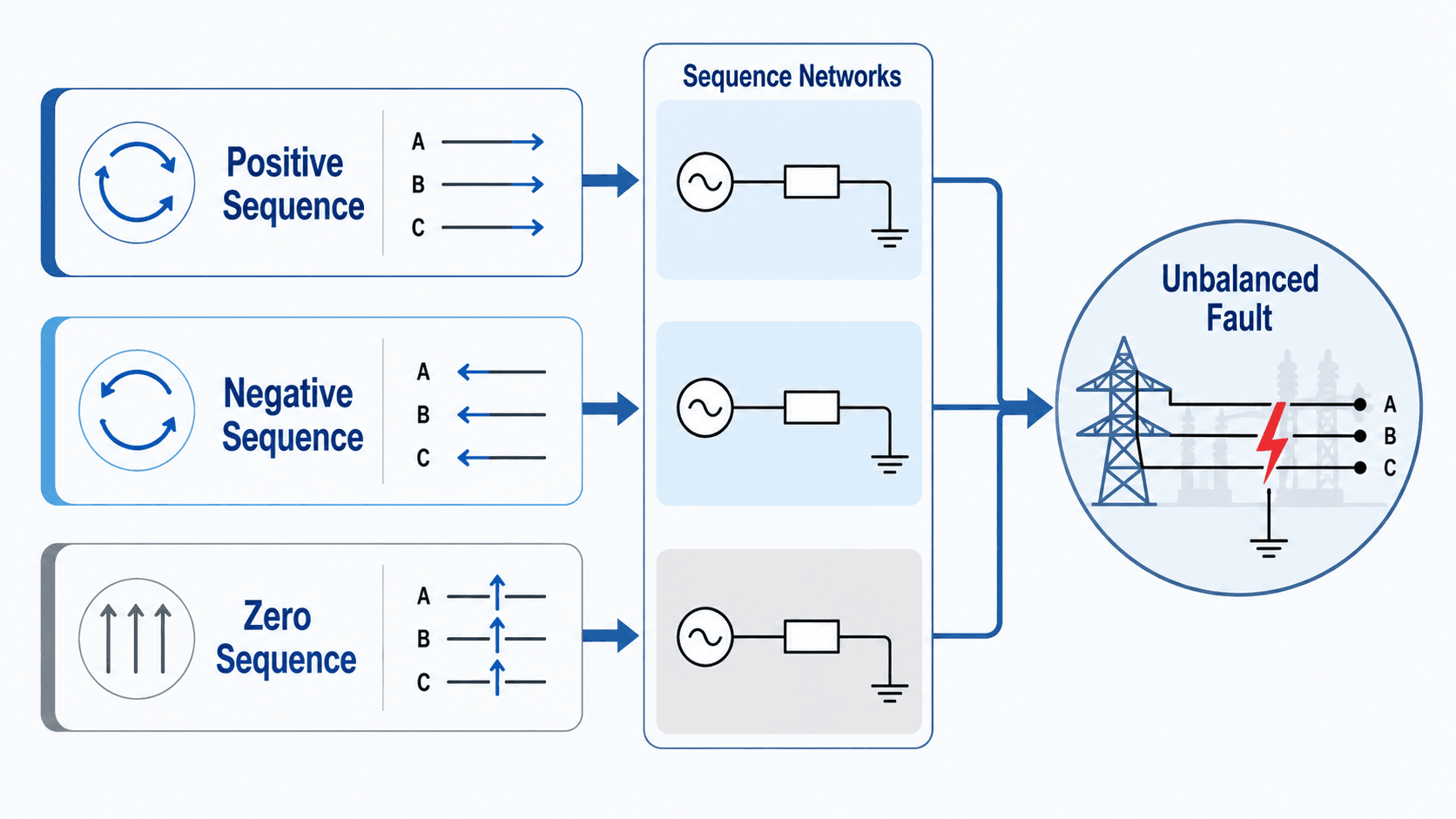 Symmetrical components diagram showing positive sequence, negative sequence, and zero sequence networks combining to analyze an unbalanced fault