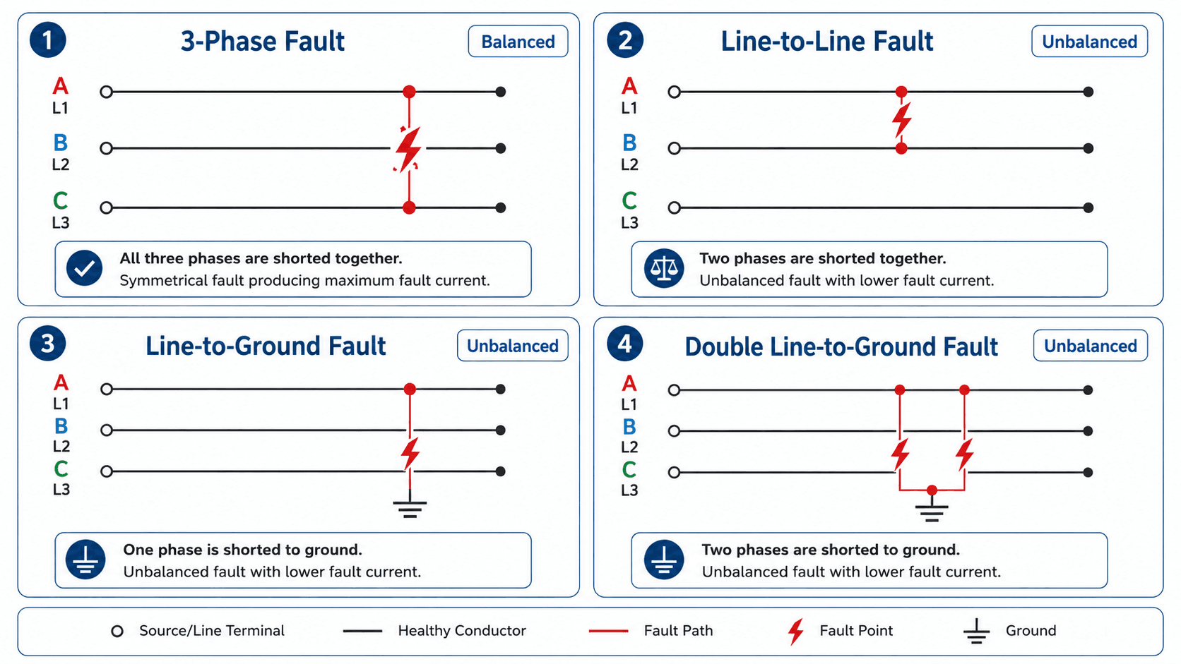 Short circuit analysis visual comparing three-phase, line-to-line, line-to-ground, and double line-to-ground faults