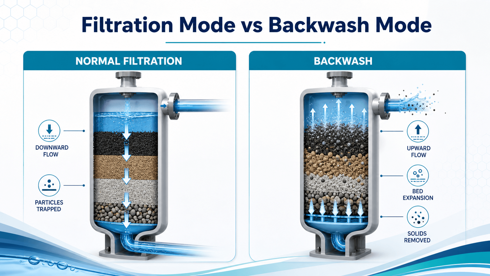 Water filtration mode versus backwash mode diagram showing downward filtration flow and upward cleaning flow
