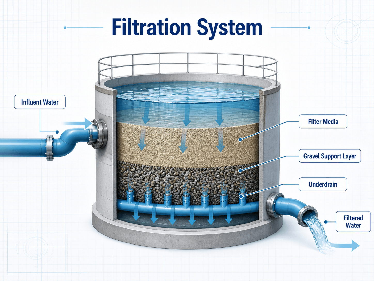 Filtration system diagram showing influent water, filter media, gravel support layer, underdrain, and filtered water outlet
