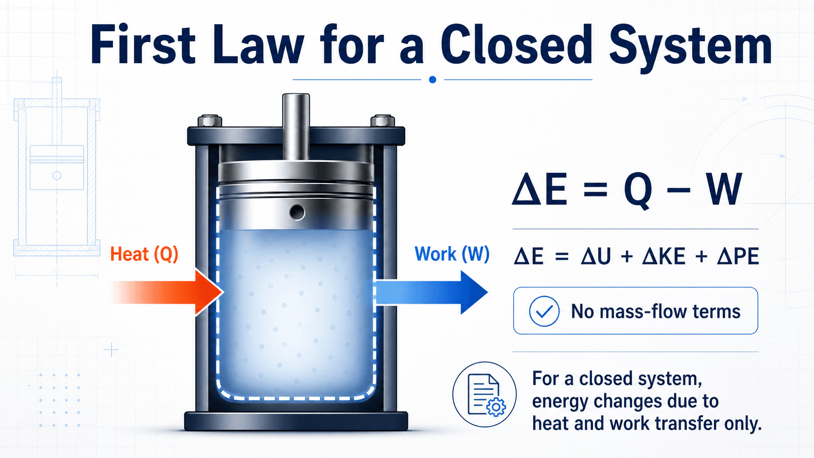 First law of thermodynamics diagram for a closed system showing heat input, work output, and change in total energy