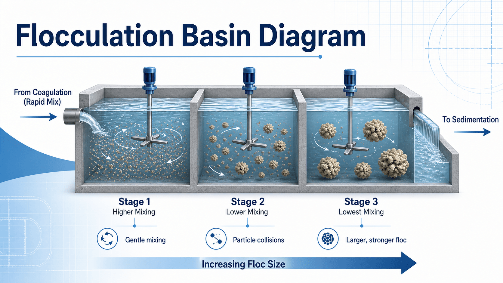 Flocculation basin diagram showing staged gentle mixing, increasing floc size, influent from coagulation, and flow to sedimentation