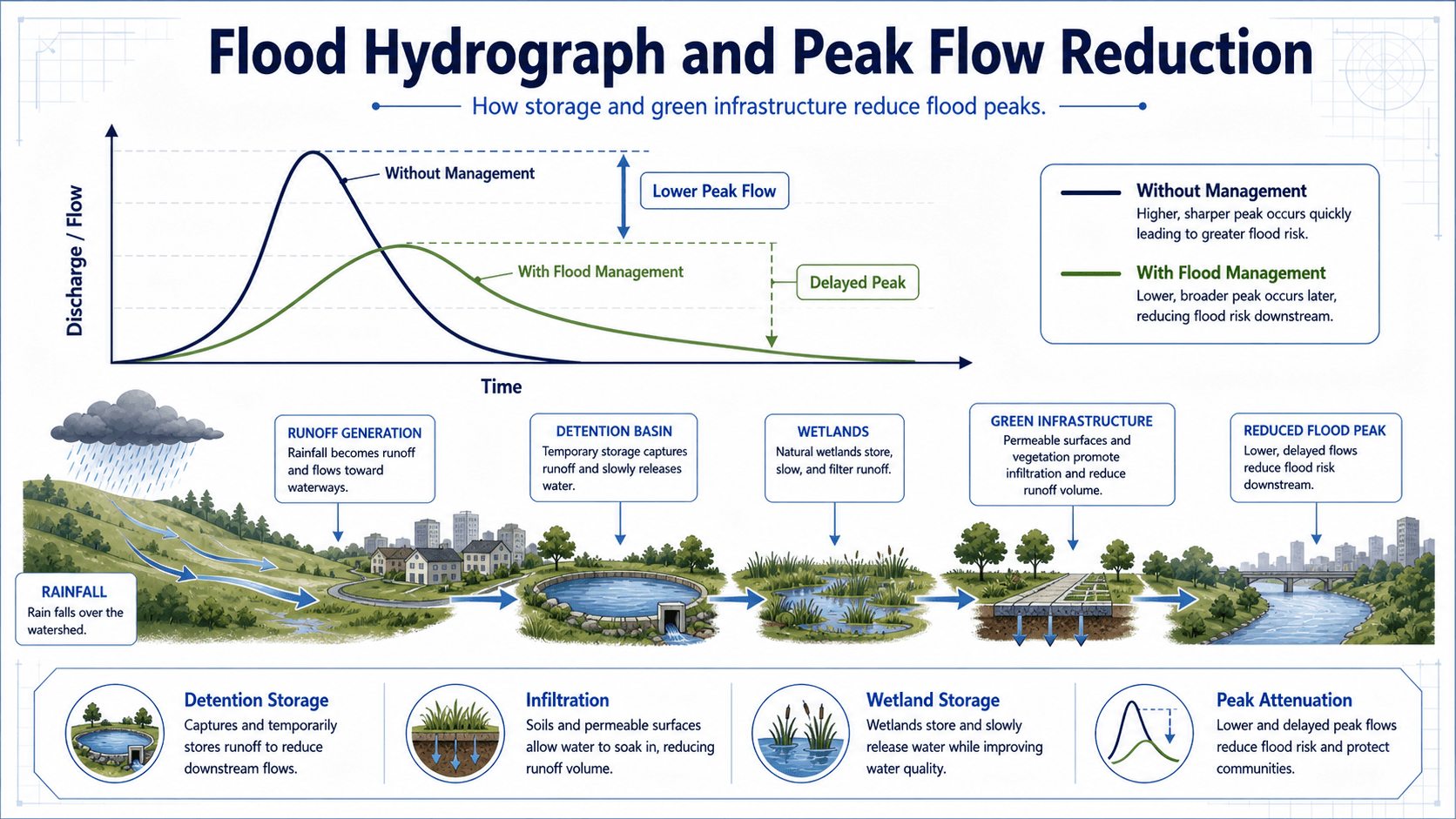 Flood hydrograph infographic comparing a higher sharper peak without flood management to a lower delayed peak with detention, wetlands, infiltration, and green infrastructure.