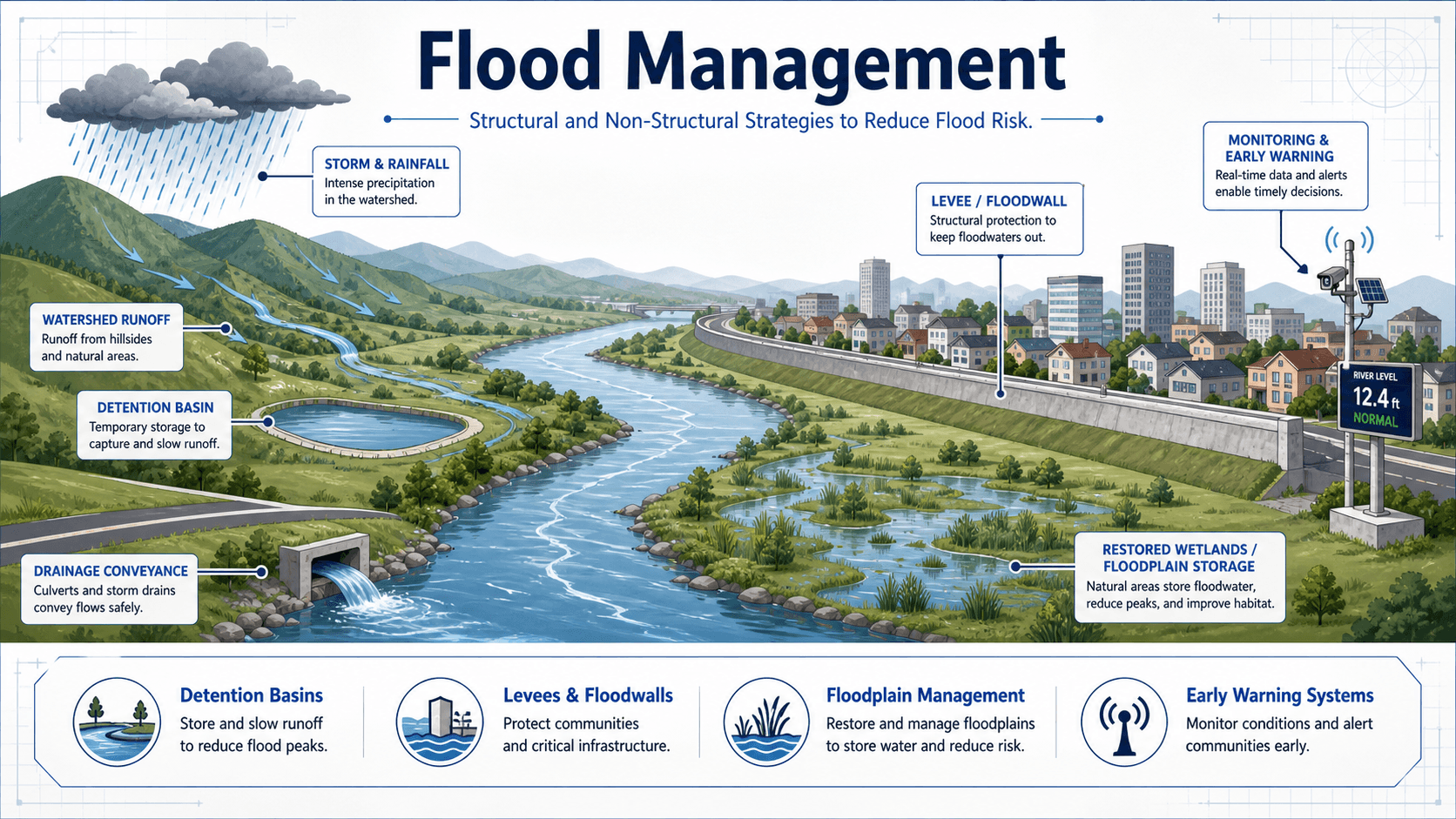 Flood management diagram showing rainfall, watershed runoff, detention basins, drainage conveyance, levees, floodplain storage, and early warning systems.