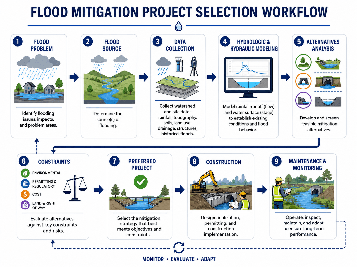 Workflow diagram showing the engineering process for selecting a flood mitigation project from flood problem identification through modeling, alternatives analysis, construction, and maintenance.