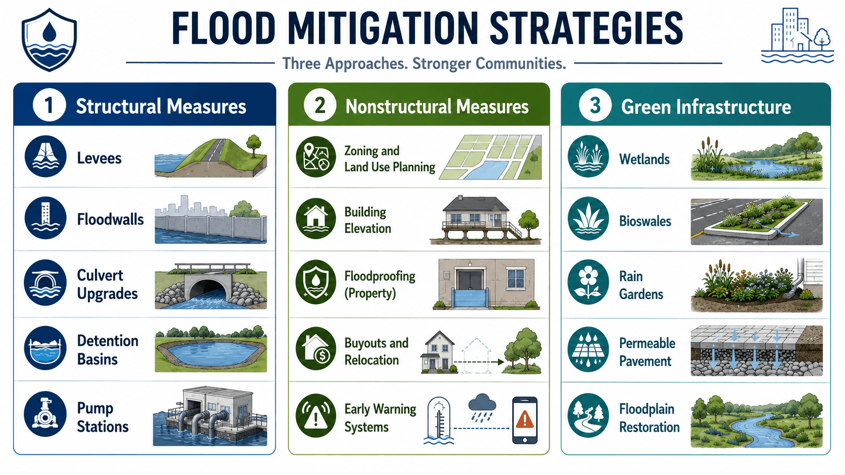 Flood mitigation strategies infographic comparing structural measures, nonstructural measures, and green infrastructure