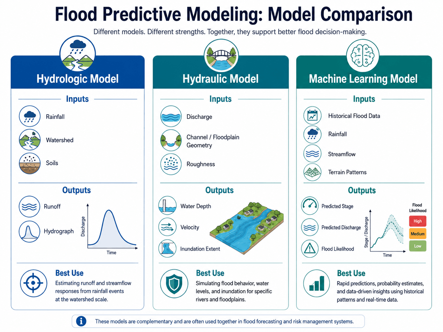 Comparison of hydrologic, hydraulic, and machine learning flood predictive models showing inputs, outputs, and best use cases.