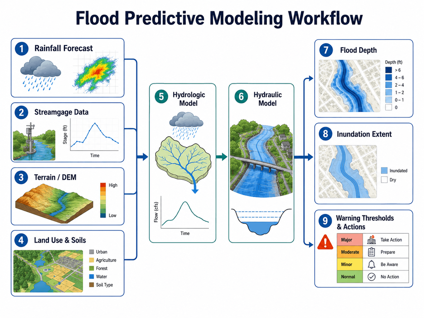 Flood predictive modeling workflow showing rainfall forecast, streamgage data, terrain, land use, hydrologic modeling, hydraulic modeling, flood depth, inundation extent, and warning thresholds.