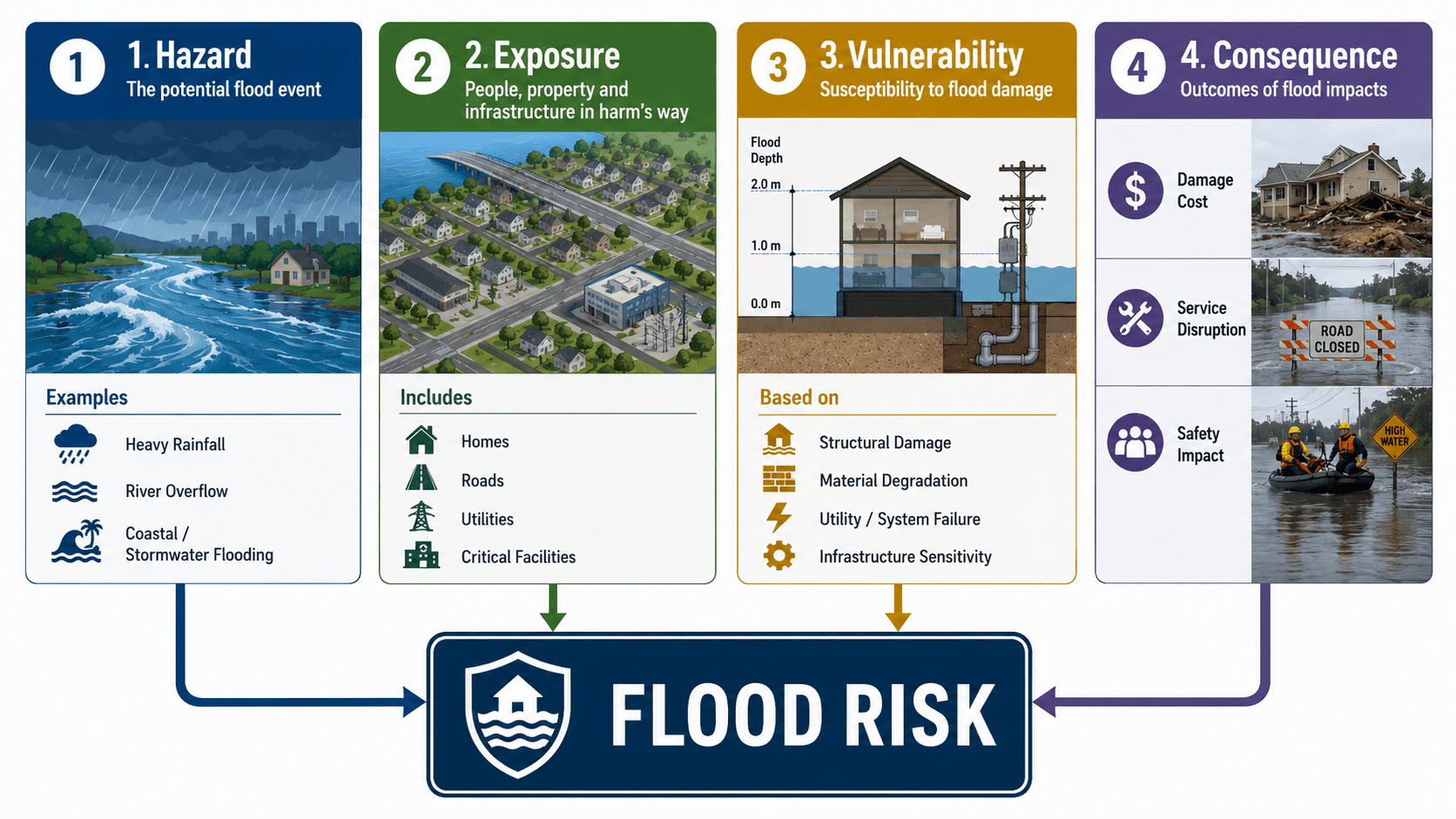 Flood risk framework diagram showing hazard, exposure, vulnerability, and consequence feeding into overall flood risk