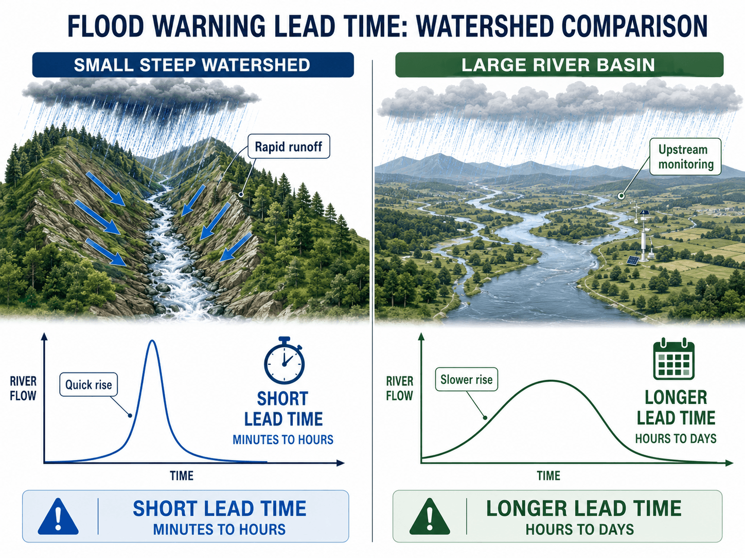 Comparison diagram showing how flood warning lead time differs between a small steep watershed and a large river basin.