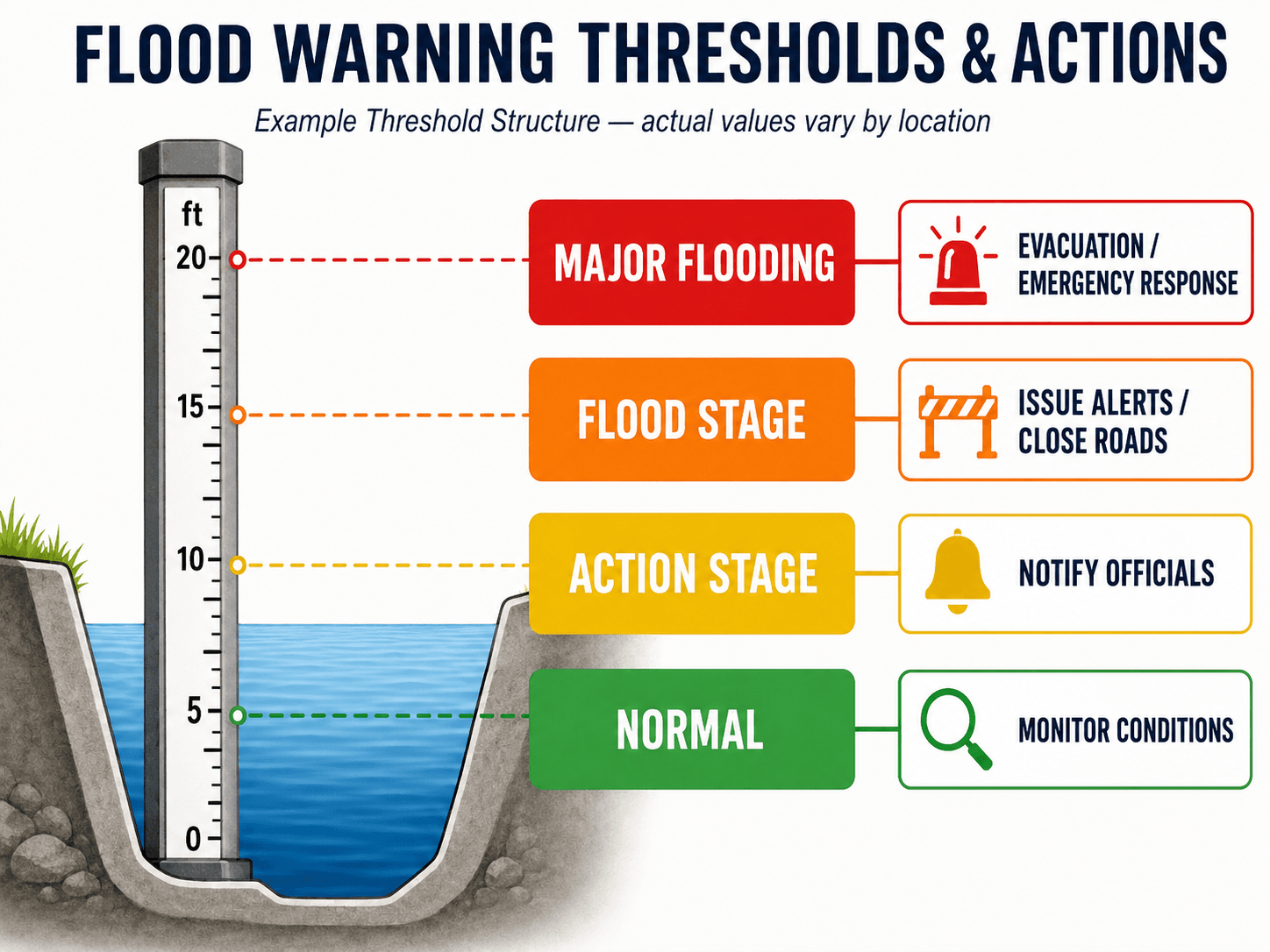 Flood warning threshold diagram showing normal conditions, action stage, flood stage, major flooding, and corresponding emergency actions.