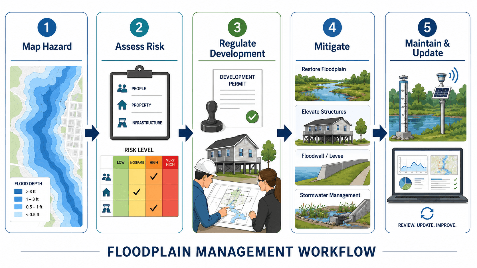 Floodplain management workflow showing data collection, hydrologic analysis, hydraulic modeling, mapping, development review, mitigation, and maintenance