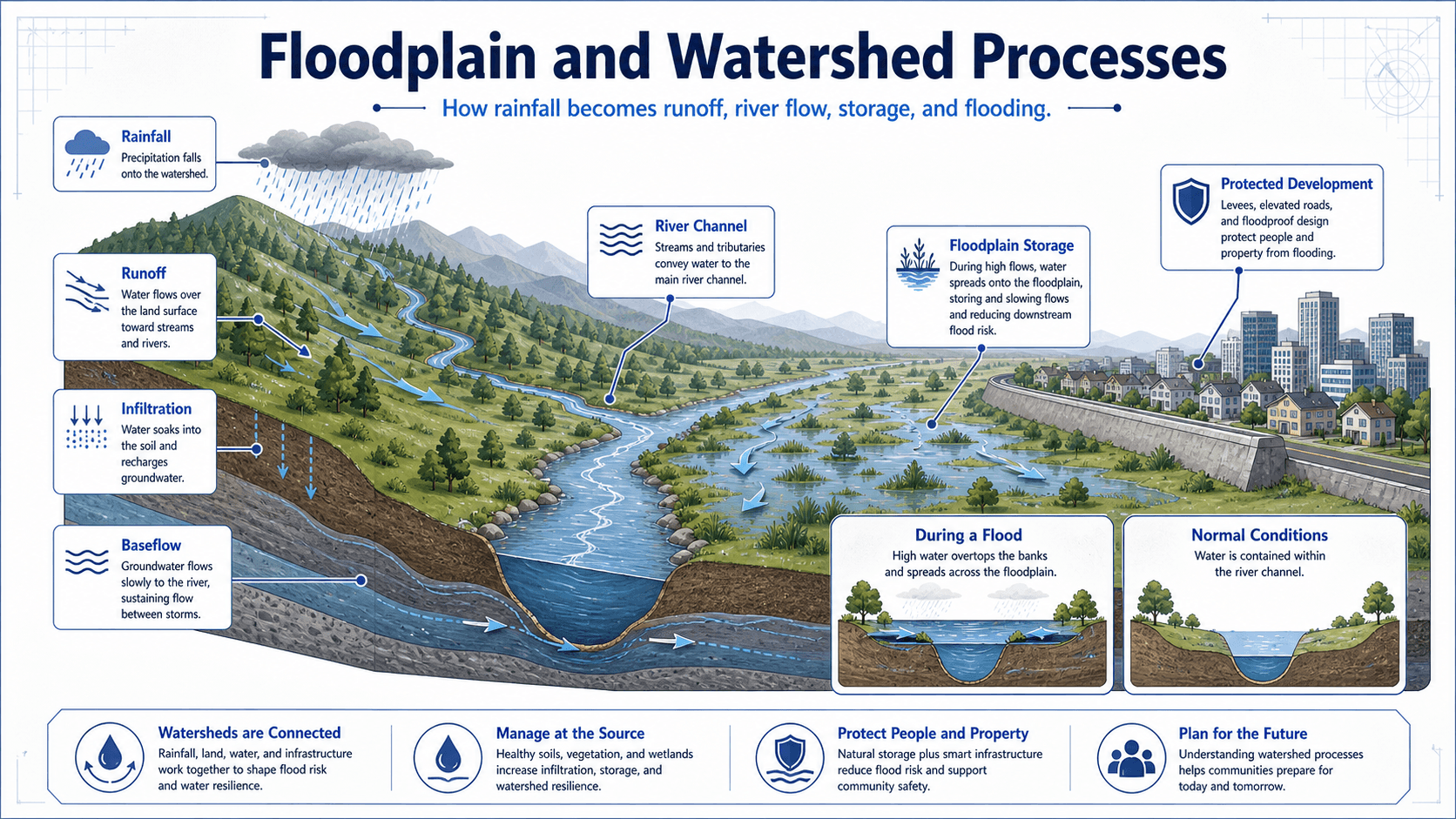 Diagram explaining floodplain and watershed processes including rainfall, runoff, infiltration, baseflow, river channels, floodplain storage, and protected development.
