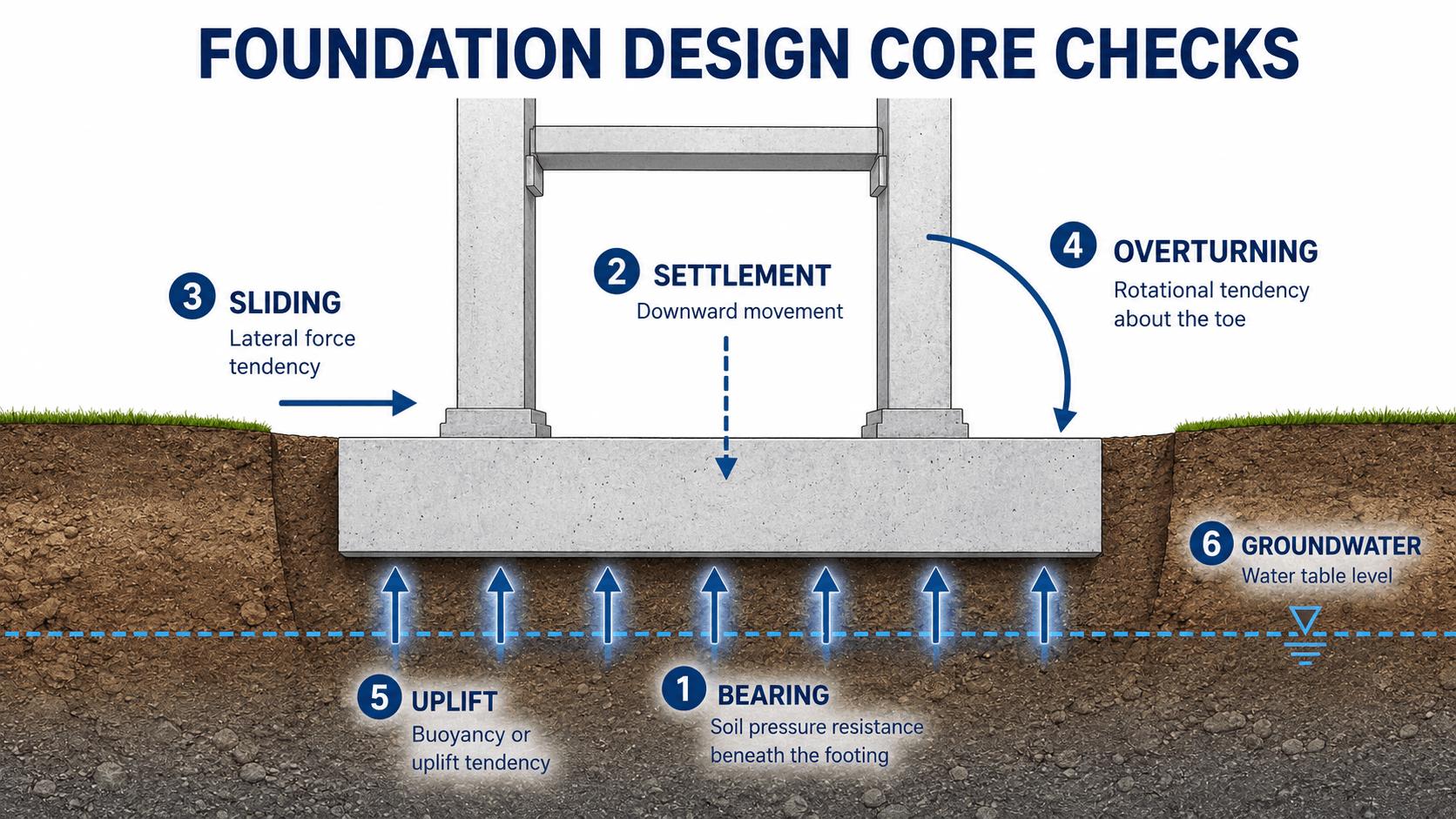 Foundation design core checks diagram showing bearing, settlement, sliding, overturning, uplift, and groundwater effects